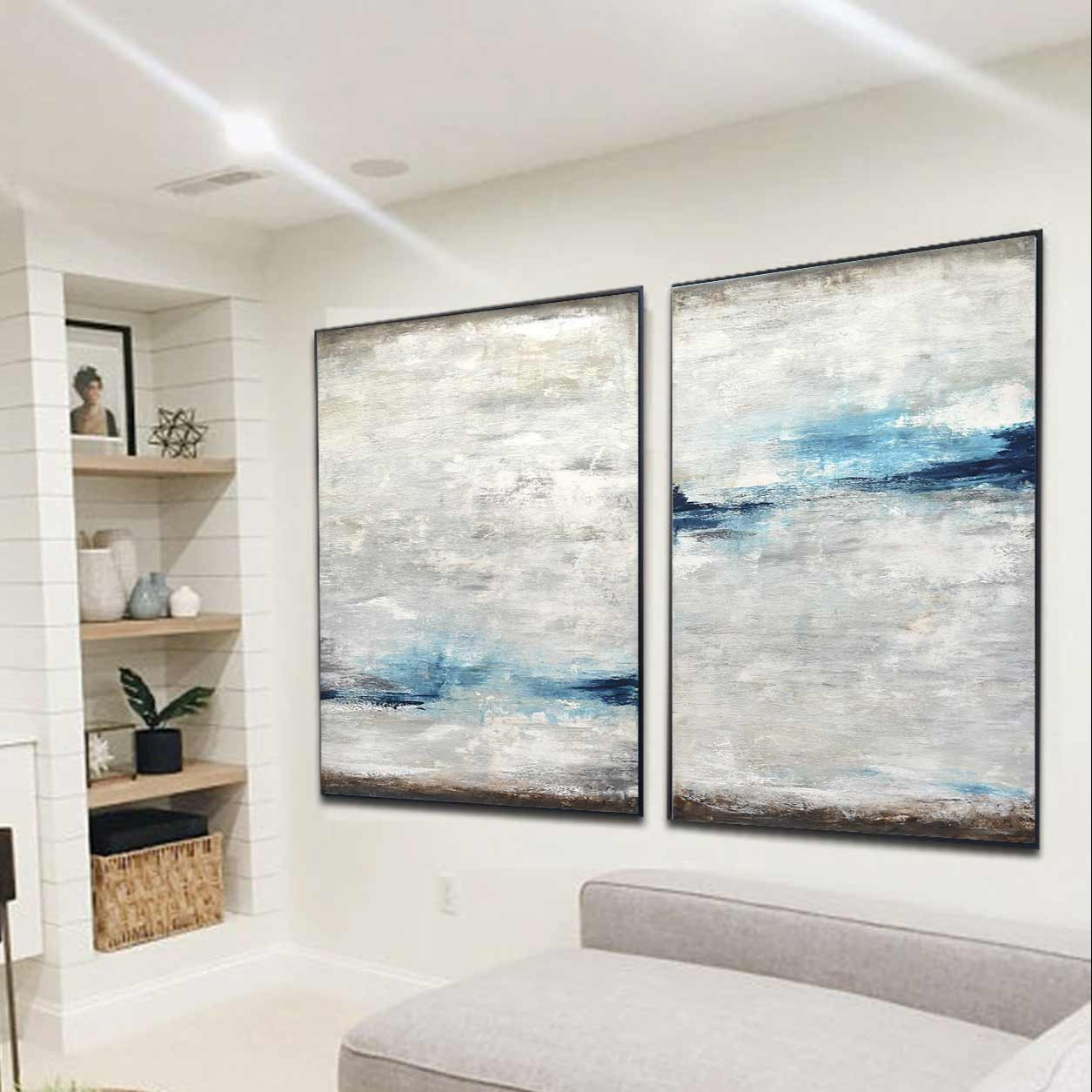 Two Piece Gray White Blue Painting Modern Office Design Framed Abstracts