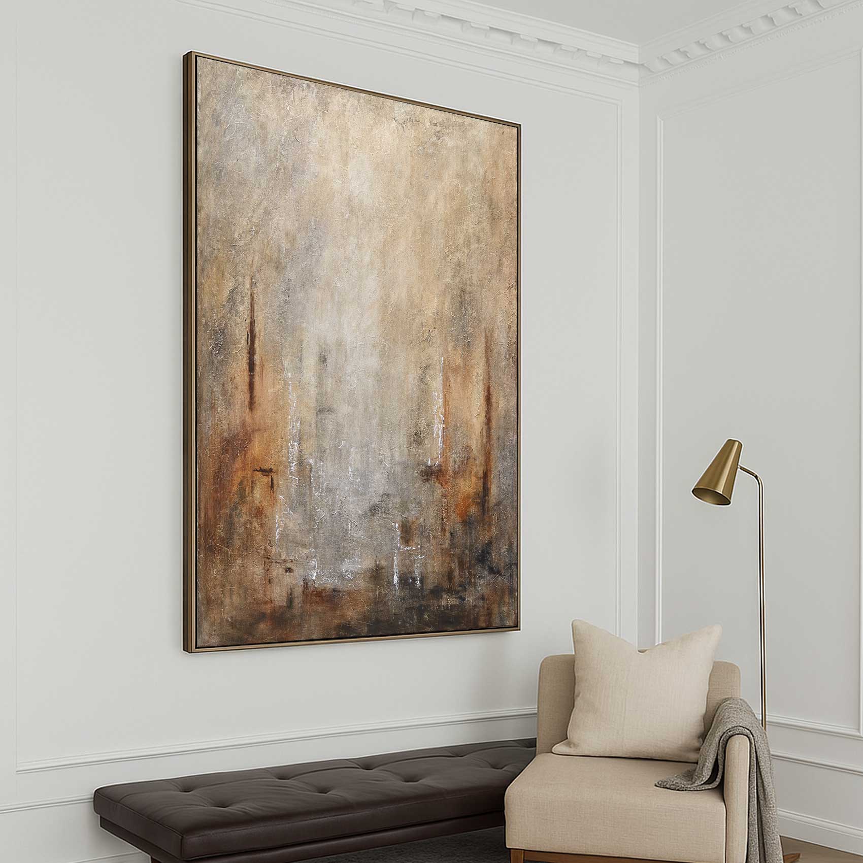 vertical Wabi Sabi Painting Sienna Brown Framed Art above sofa