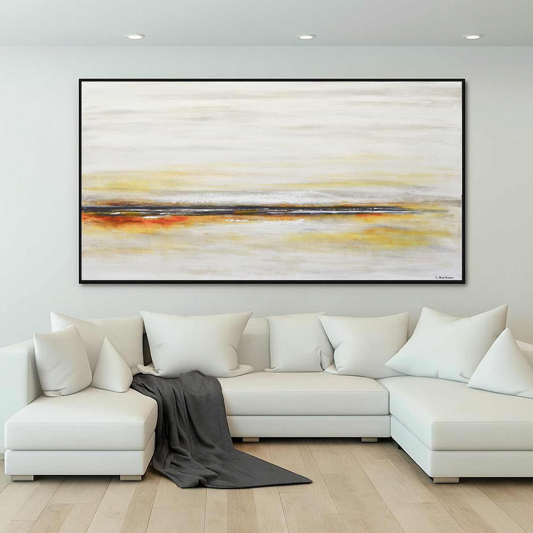 Wide Long Minimal Seascape Painting Beige Yellow Artwork
