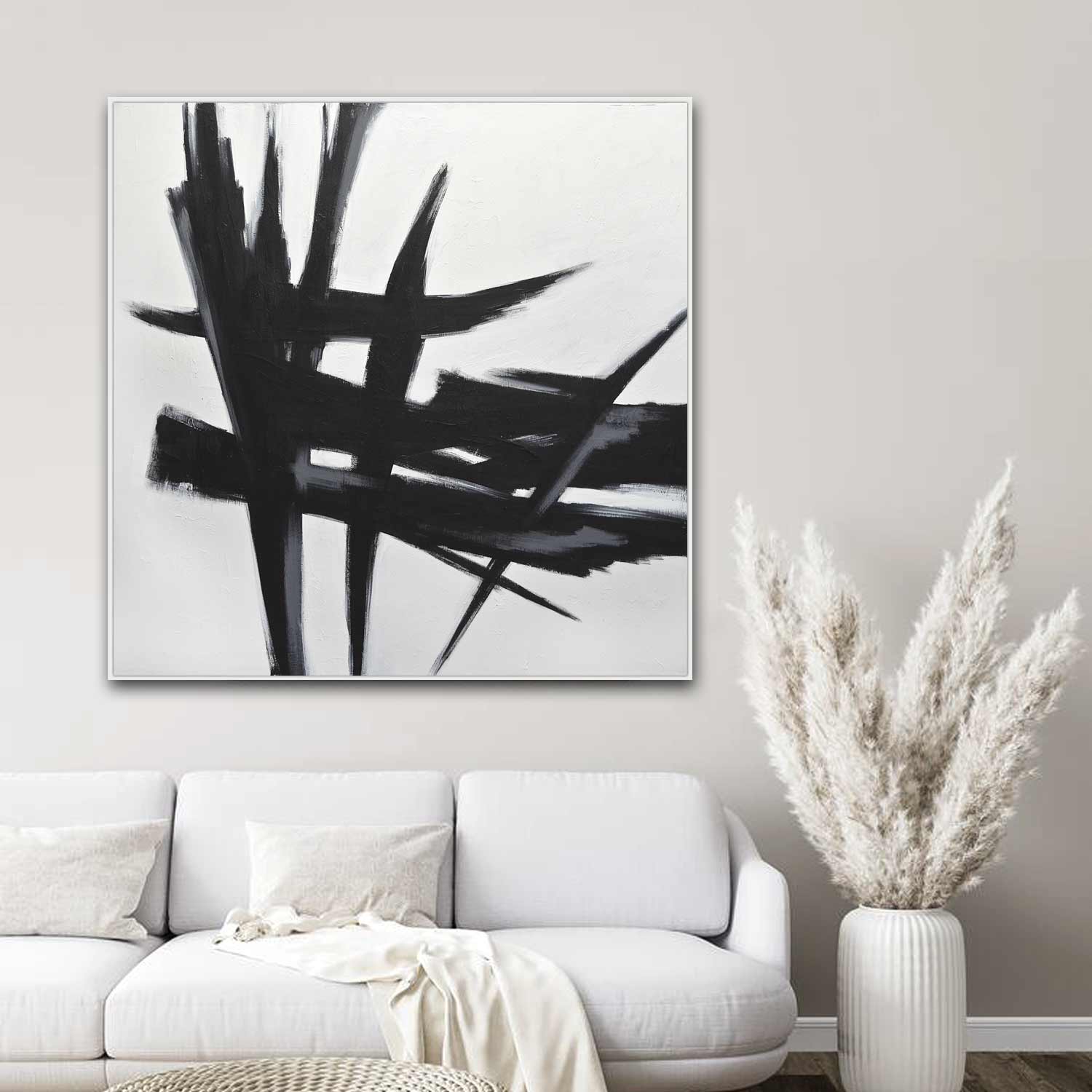 Large Original framed Black White Abstract Wall Art Expressionist Painting