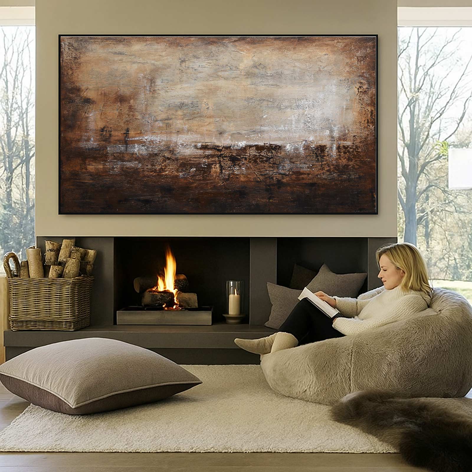 Large Brown Abstract Art On Canvas Ready To Hang Modern Painting