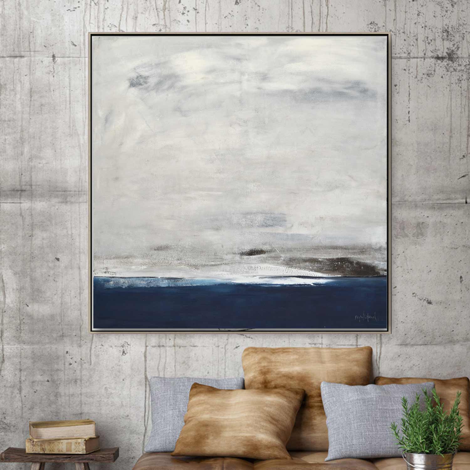 blue gray seashore painting