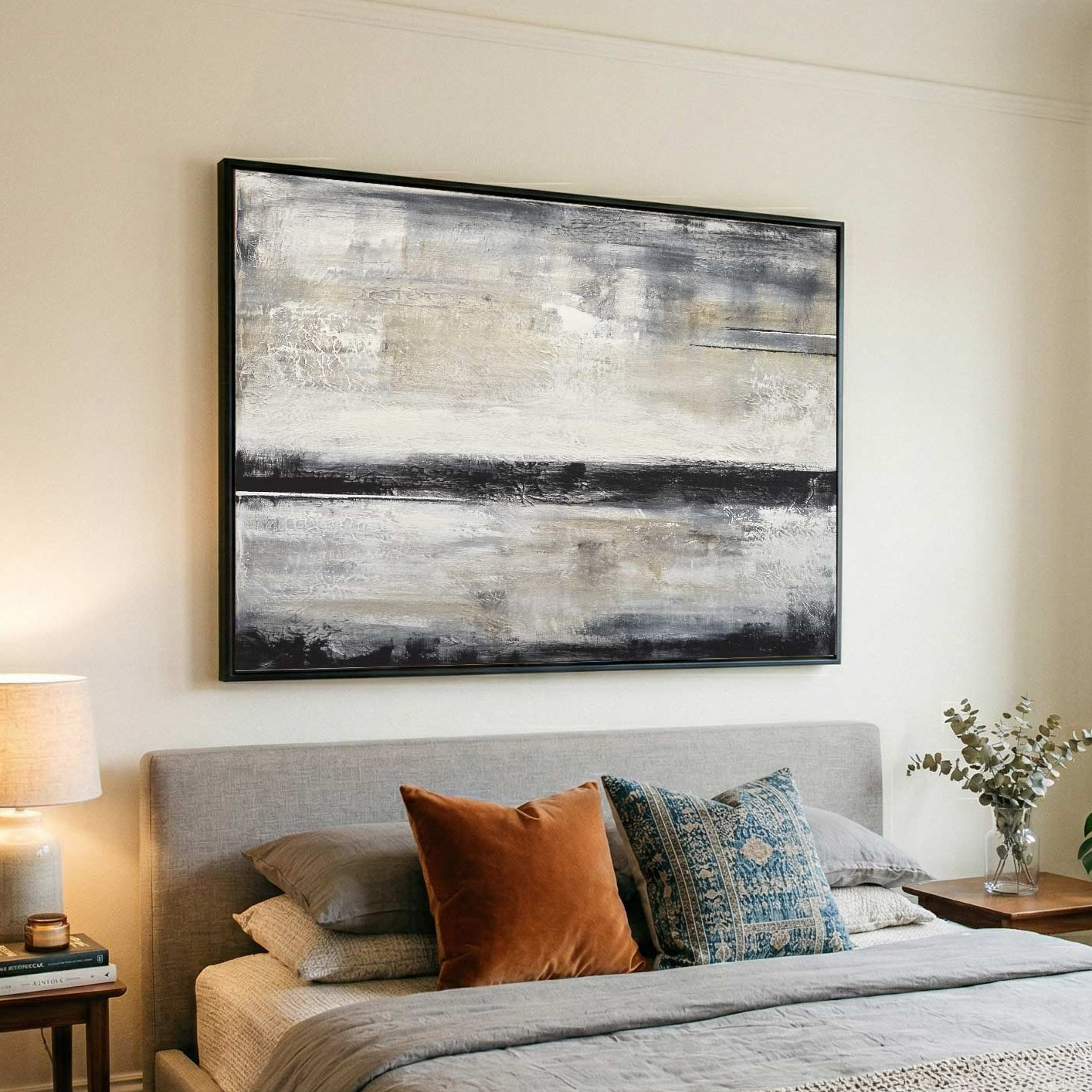 large horizontal Contemporary Abstract Artisan Oil Painting Earth Tone Art bedroom