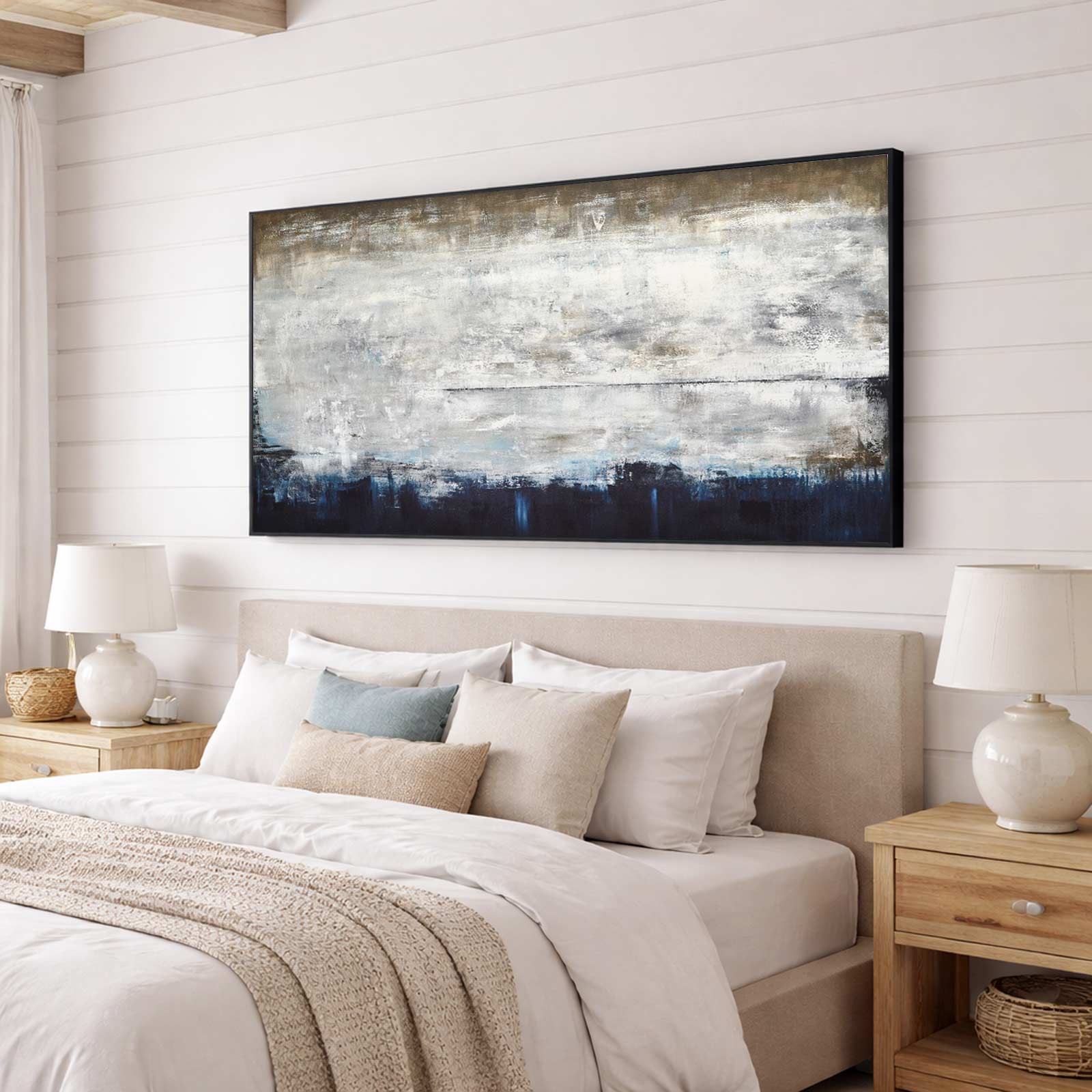Panoramic Wide Brown Blue Painting above bed Handmade Art