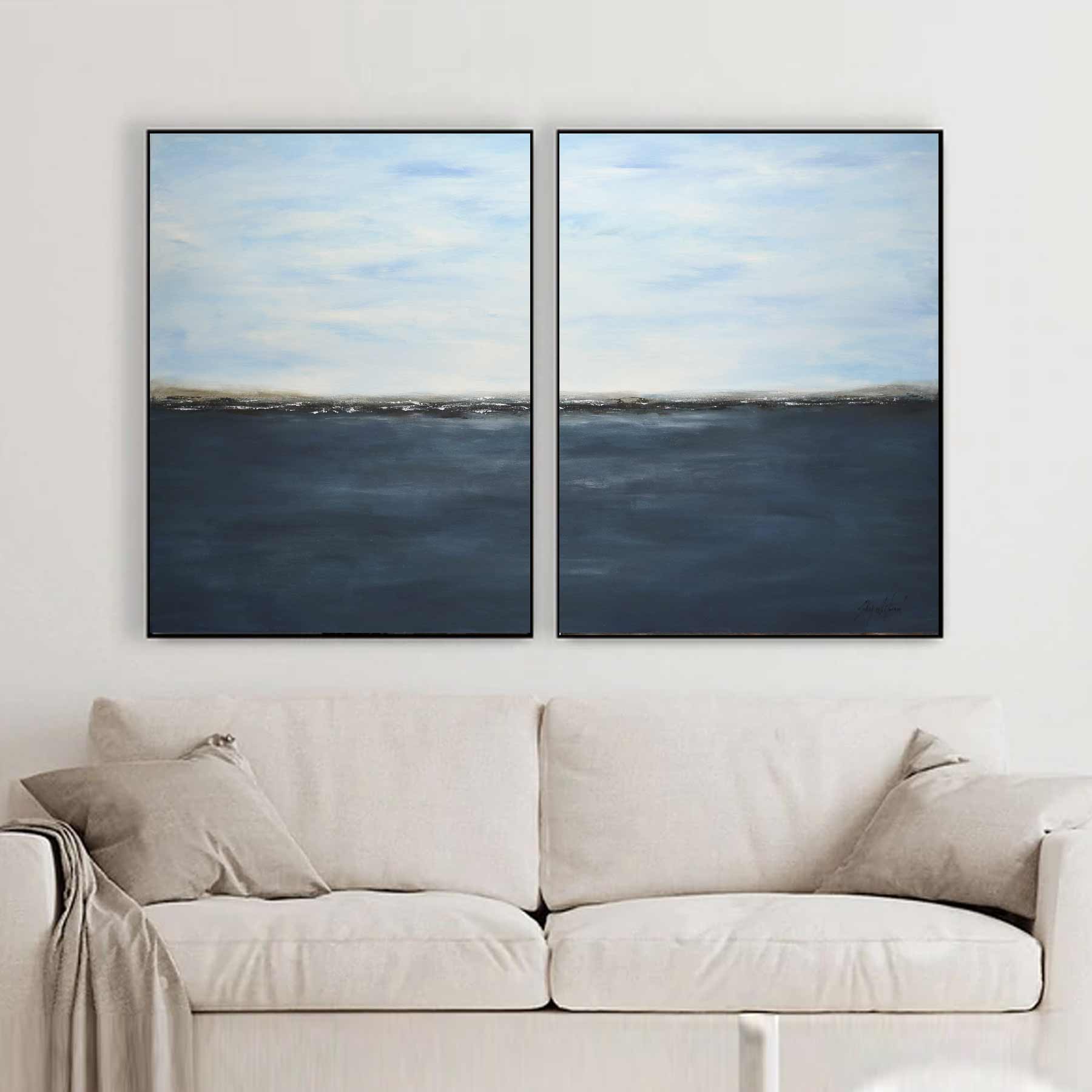 Ocean Scene Painting Two Panel Blue Decor 