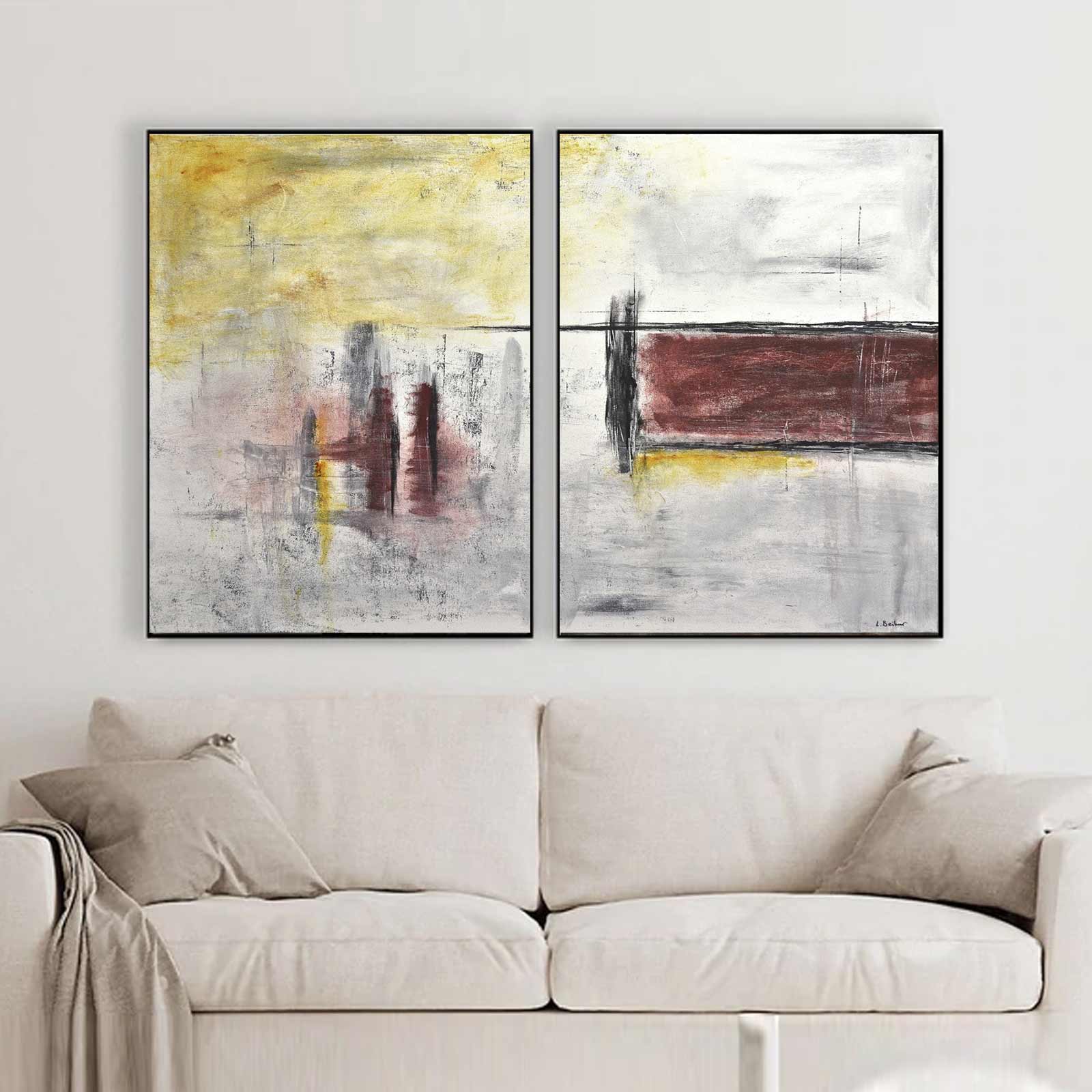 Abstract Set of Two Canvas Red Yellow paintings