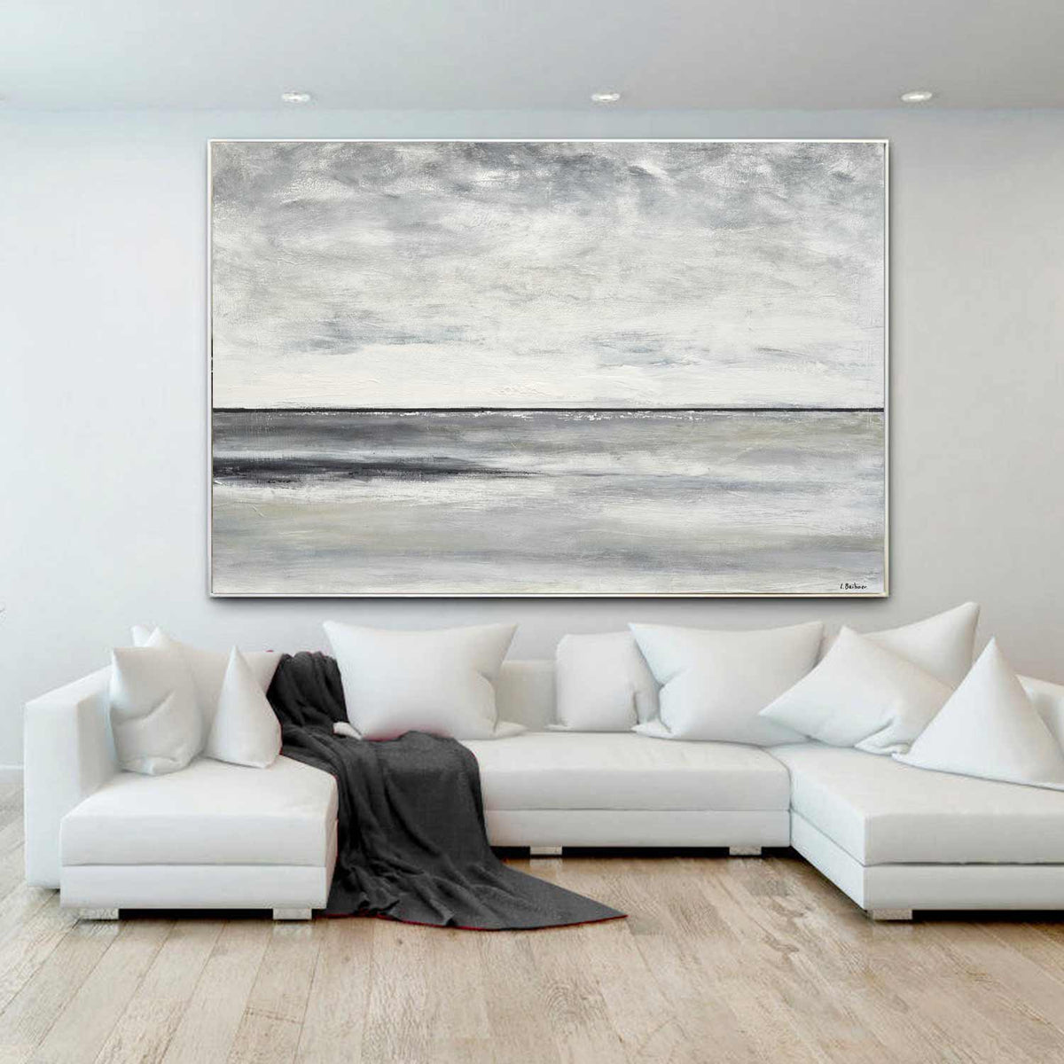 Gray Beige Abstract Landscape Horizon Line Clouds Landscape Art above couch
