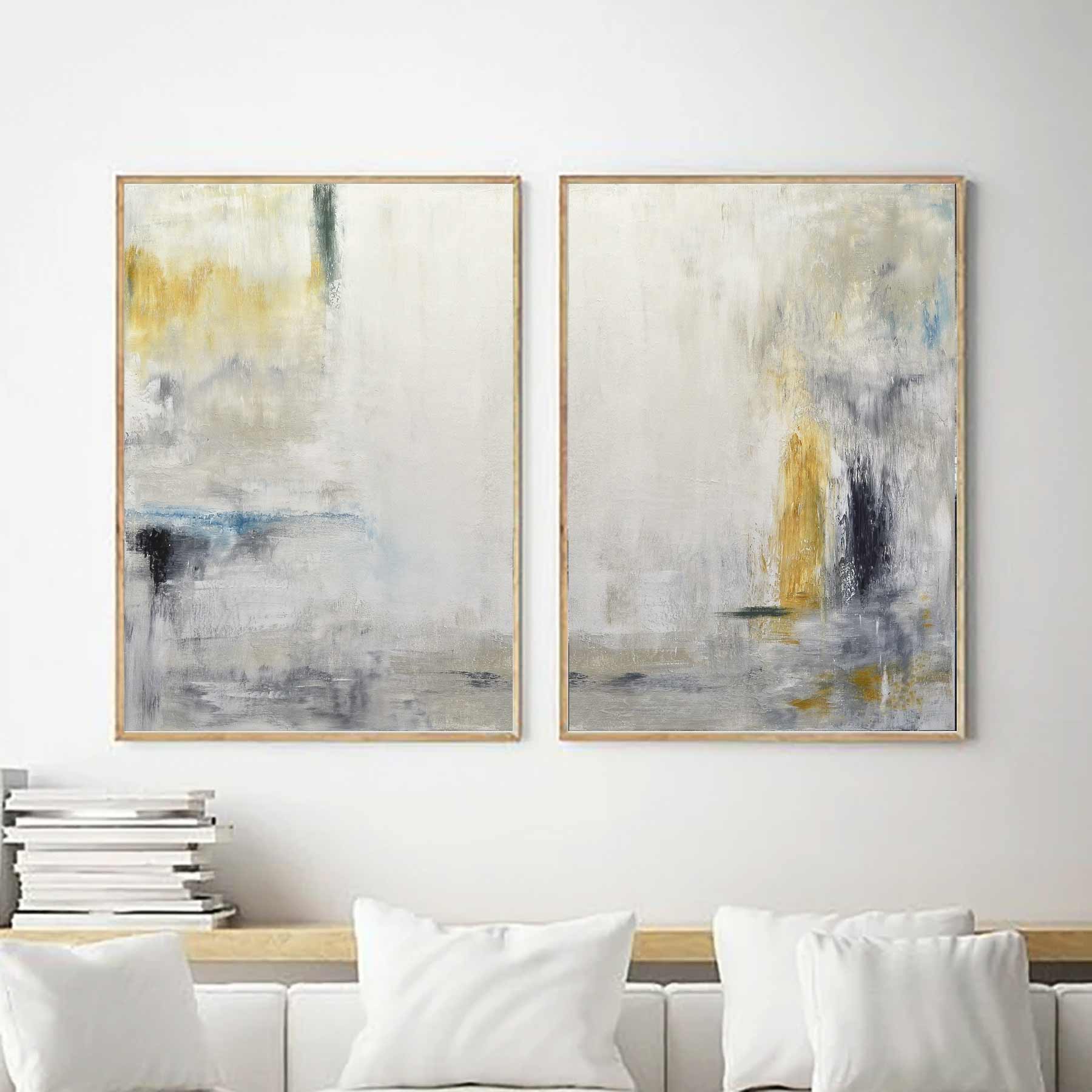 2 Piece Abstract Oversized Paintings Harmony Yellow Green "True Hints"