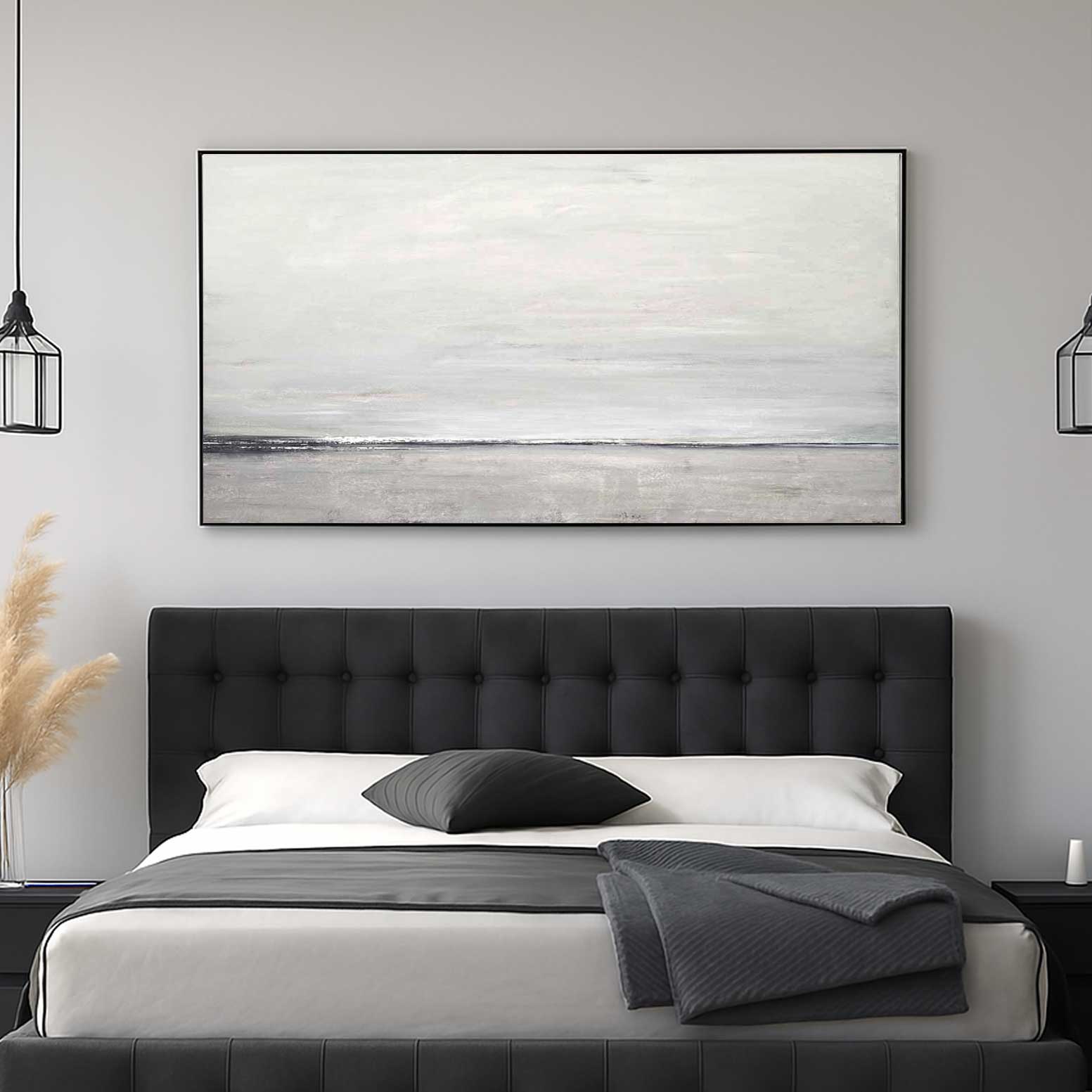 Long Wide Minimalist Greige Art Over Sofa Landscape Painting bedroom
