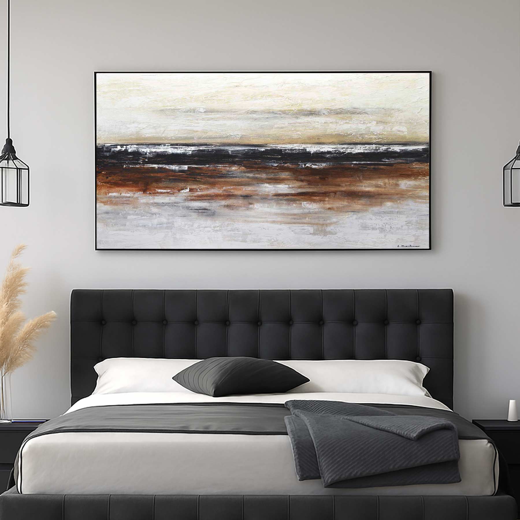 Landscape Painting Black Band Line Abstract Wall Art Panoramic