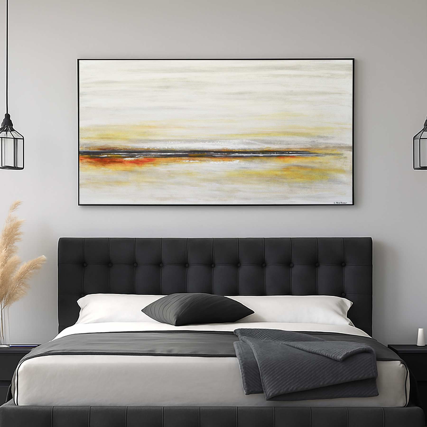 Wide Long Minimal Seascape Painting Beige Yellow Artwork