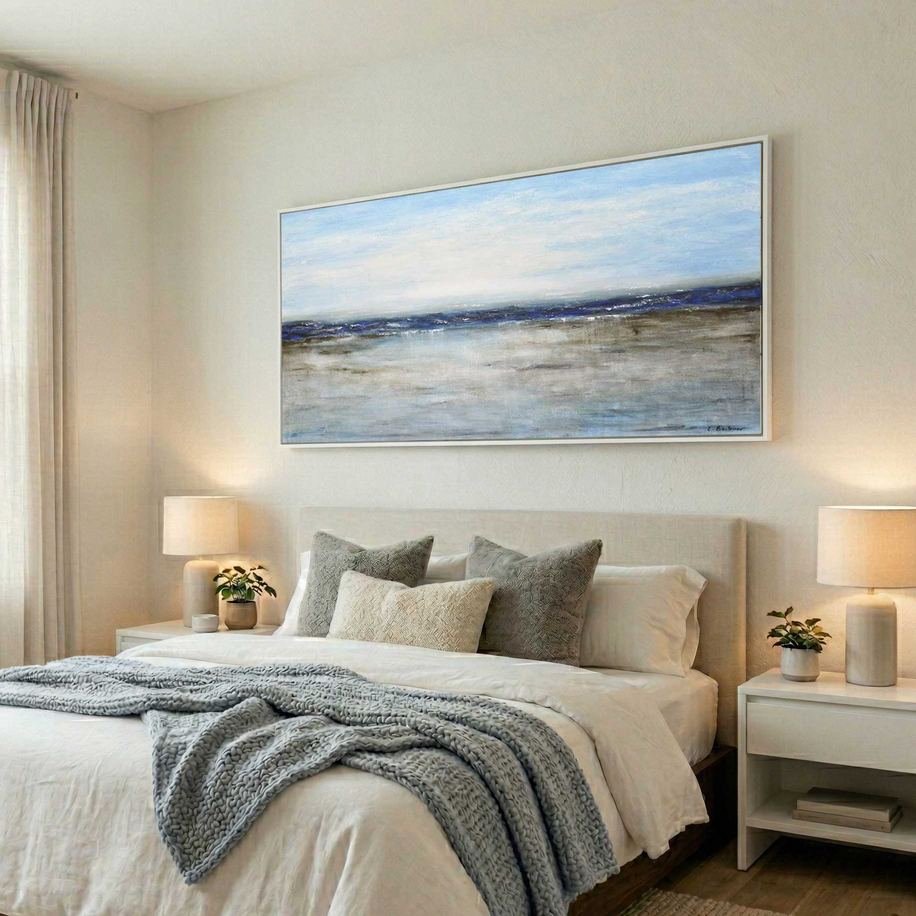 Blue Brown Landscape Painting For Bedroom above bed