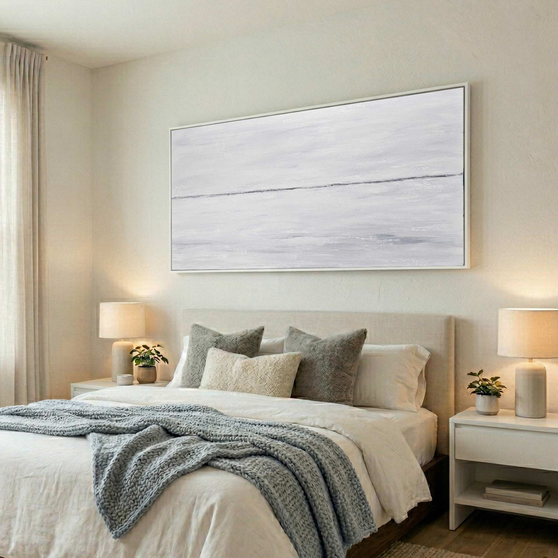 bedroom Light Minimal Panoramic Original Painting White Gray Framed Art