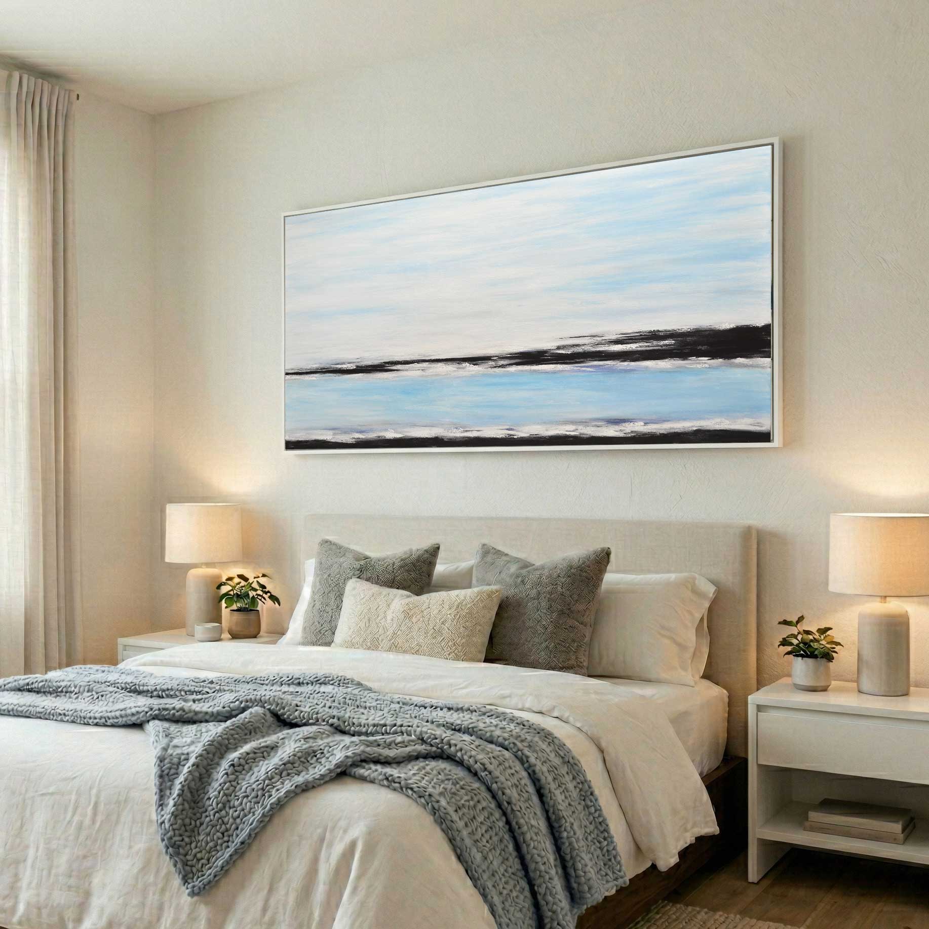 Panorama Hand Painted framed Seascape Painting in bedroom above bed