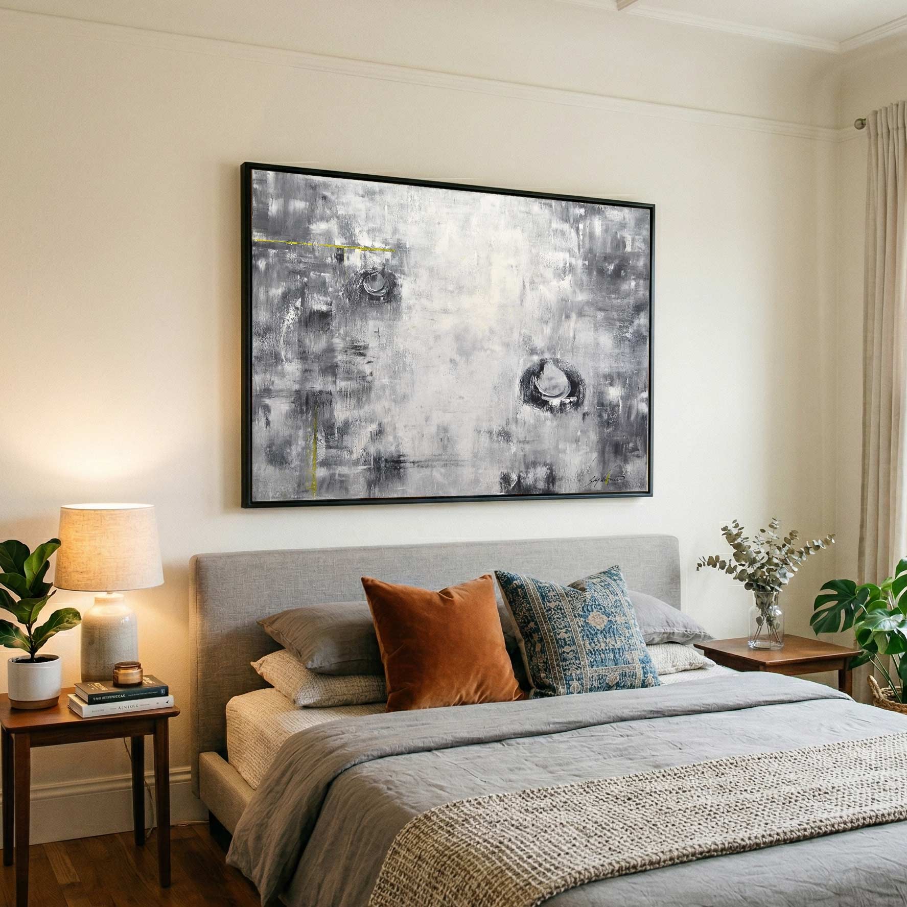 painting above bed Black White Abstract Art Circles Yellow Accent