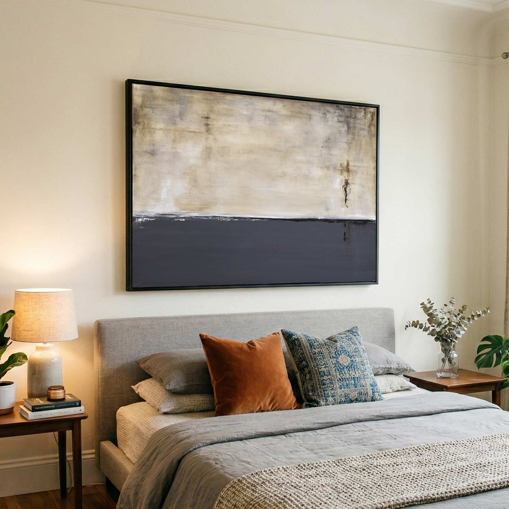 bedroom Minimal Gray Brown Art On Canvas Above Couch Modern Abstract