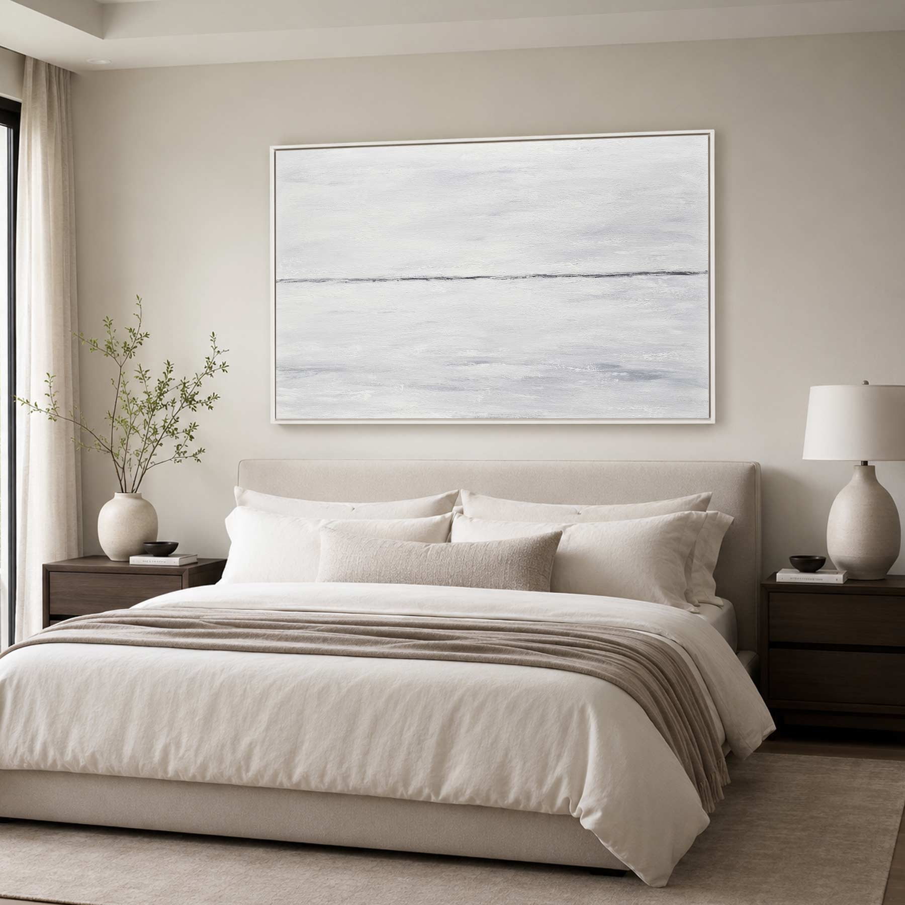 Hand Painted Original Clean Minimal Gray White Wall Art On Canvas above bed