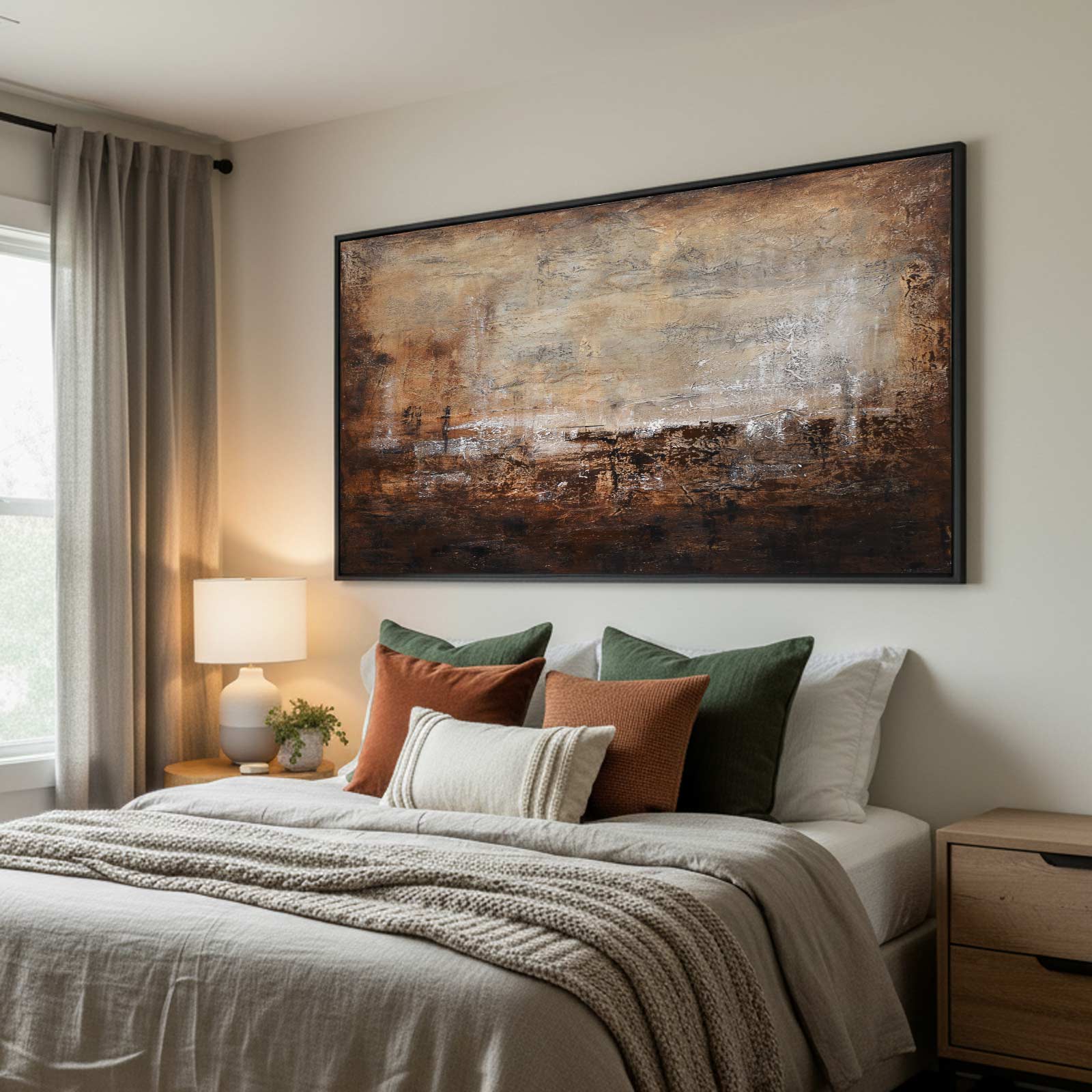 long wide brown painting above bed