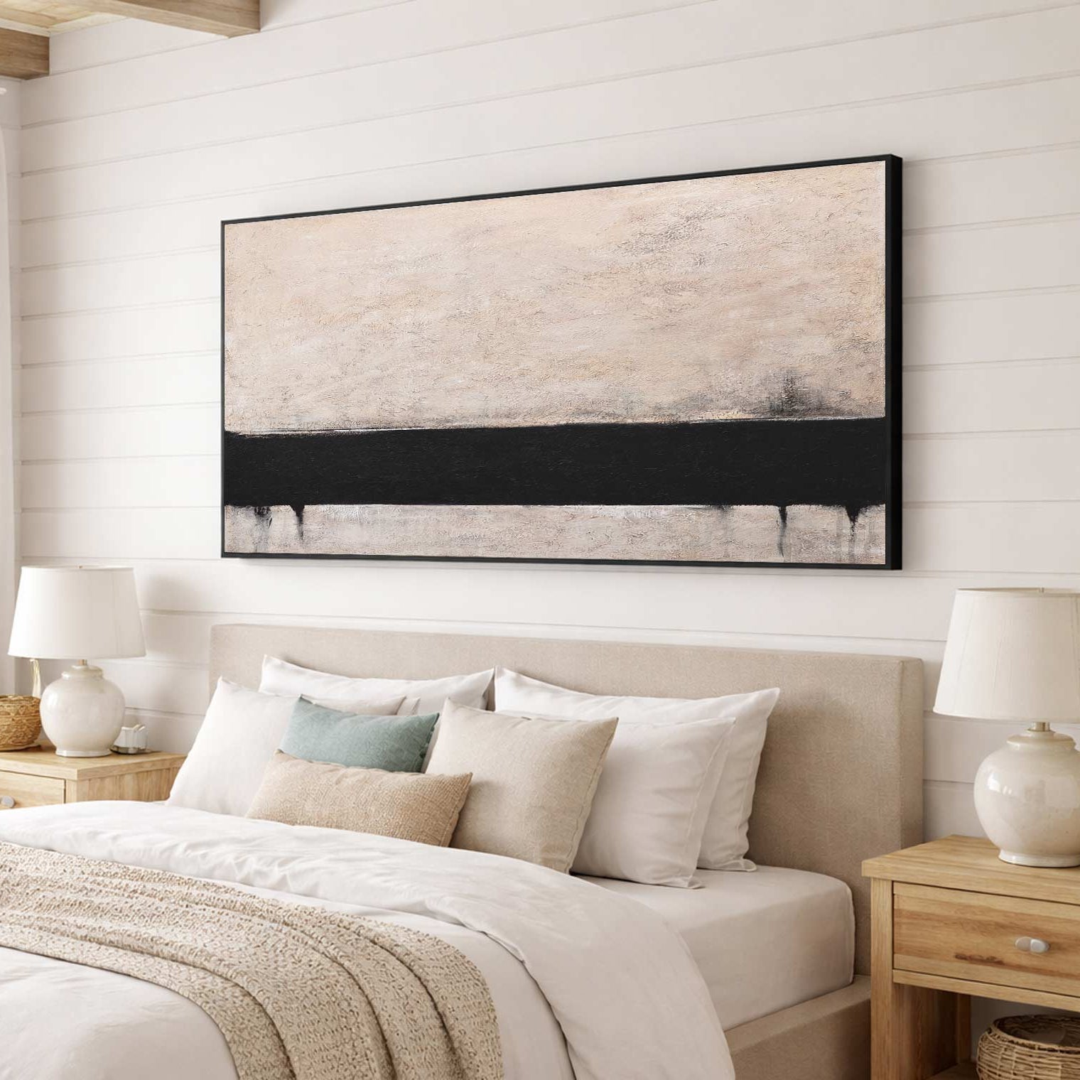 beige abstract painting in bedroom