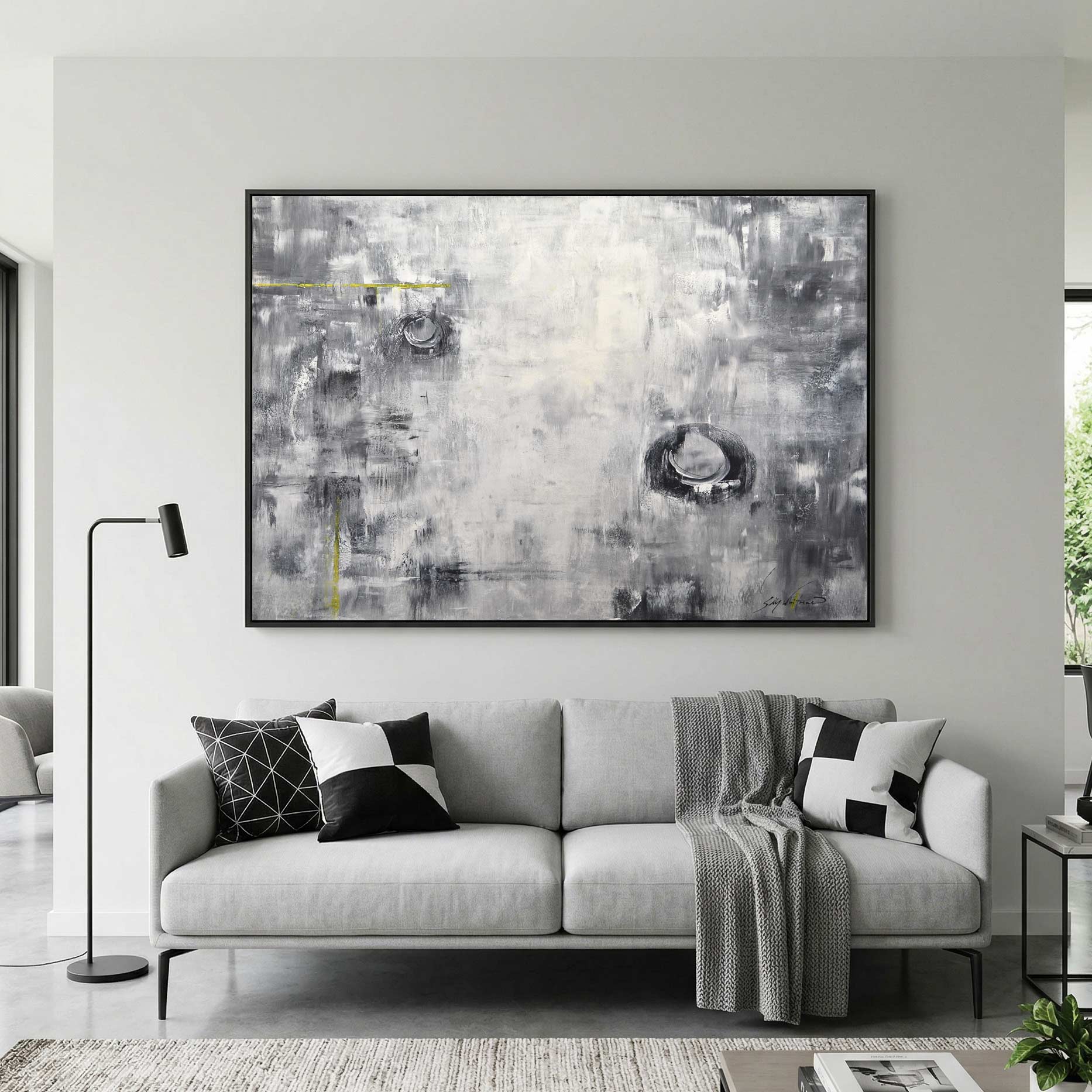 Black White Abstract Art Circles Yellow Accent