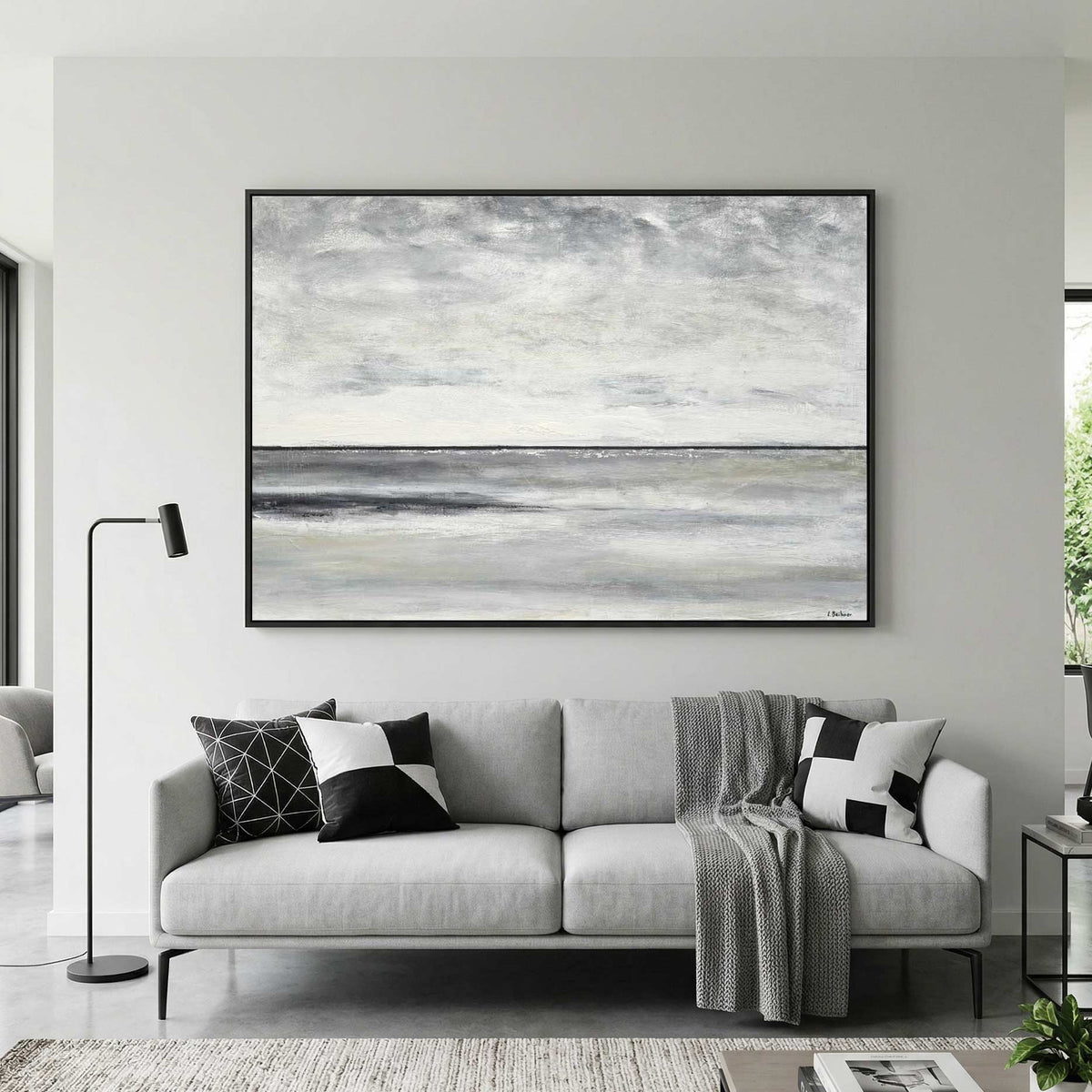 framed Gray Beige Abstract Landscape Horizon Line Clouds Landscape Art