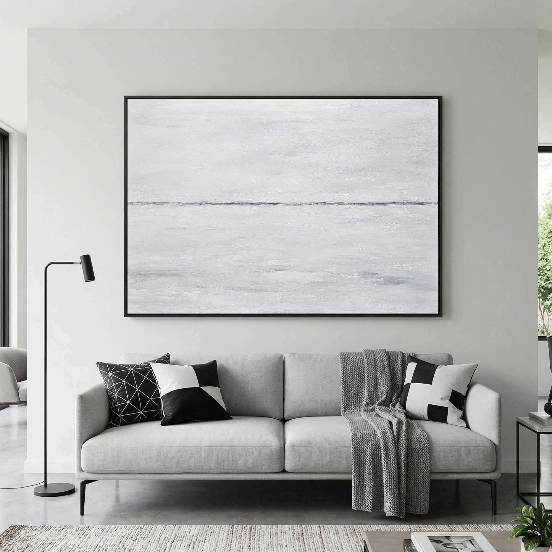 Hand Painted Original Clean Minimal Gray White Wall Art On Canvas above couch