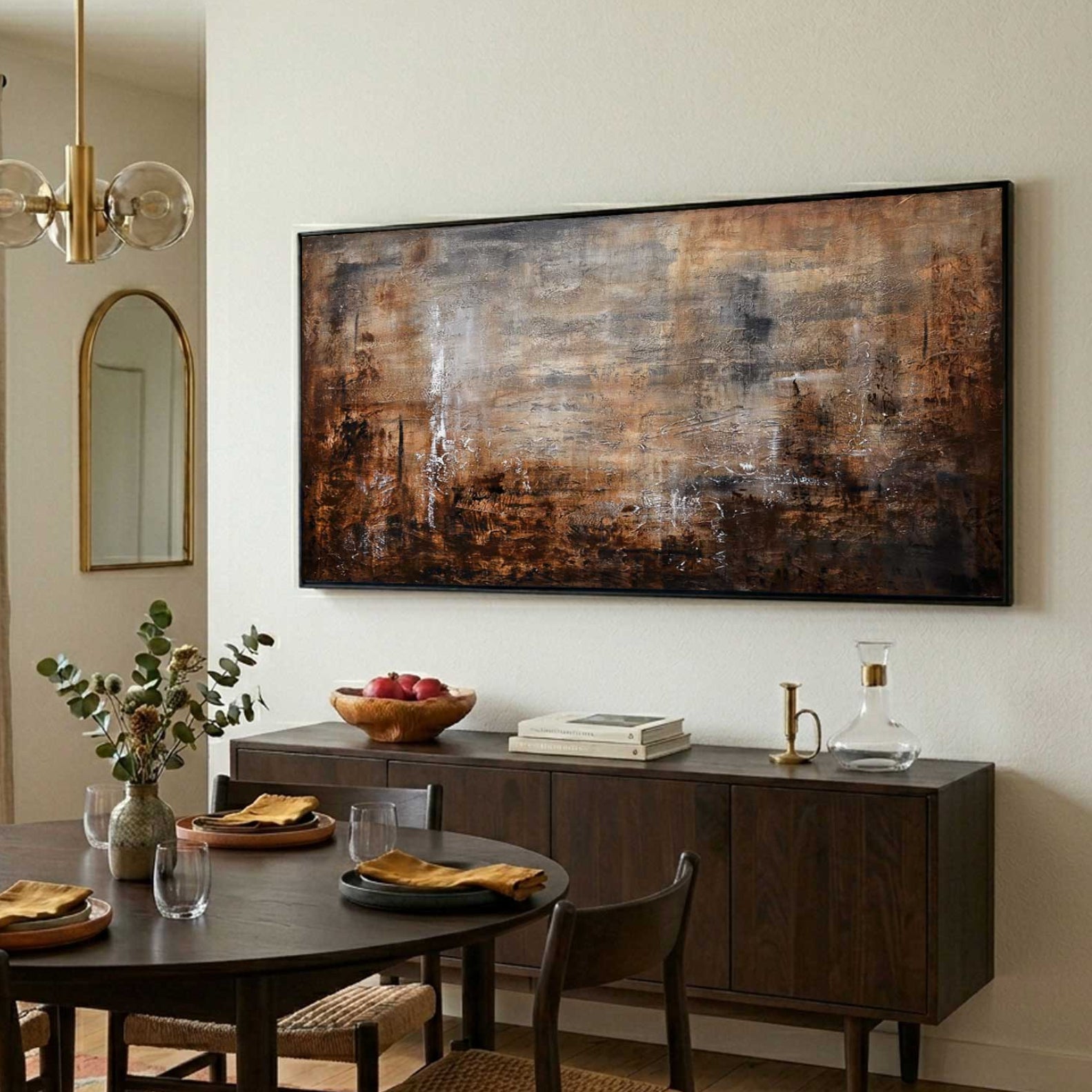 brown wabi sabi art on dining room wall