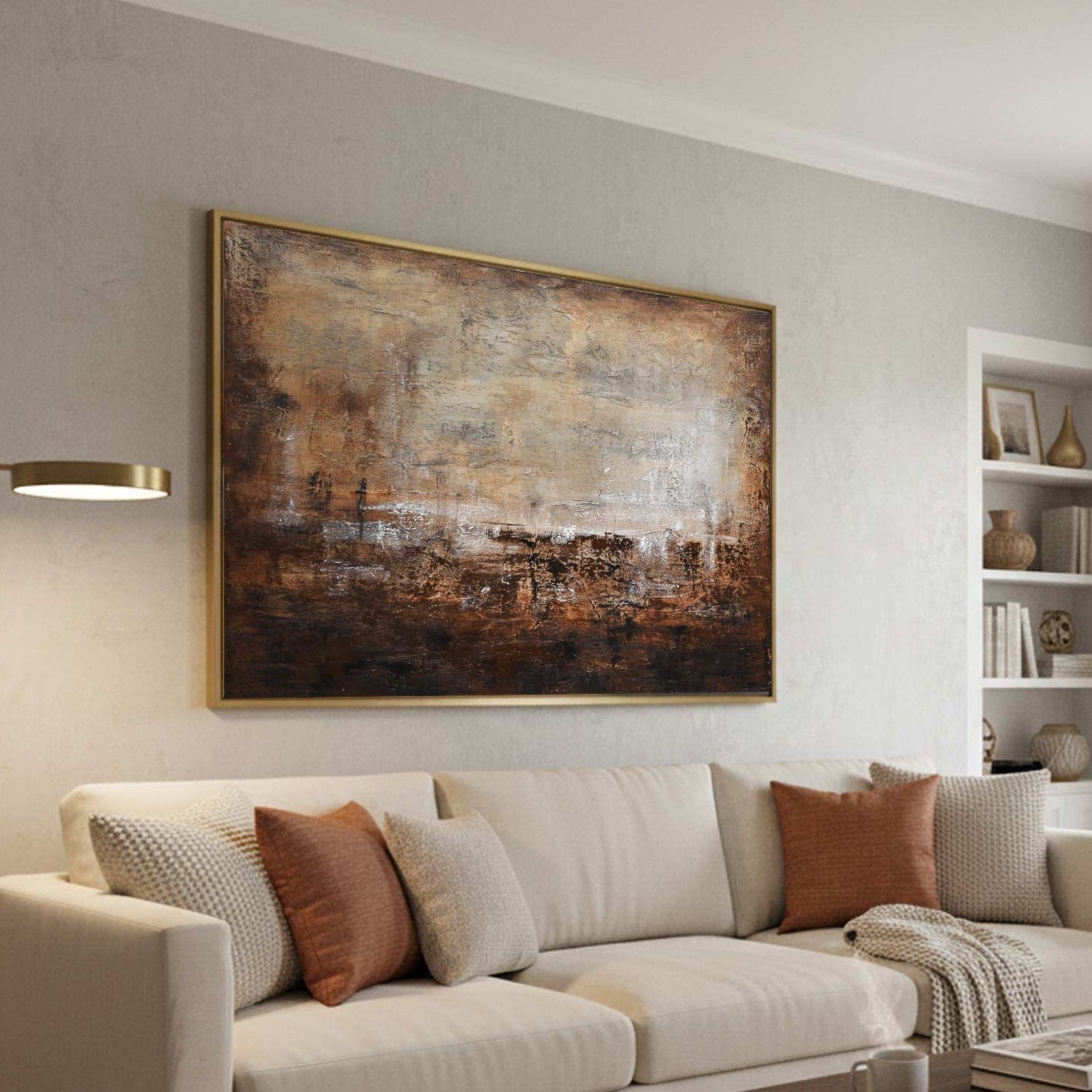 frame art above couch warm colors abstract