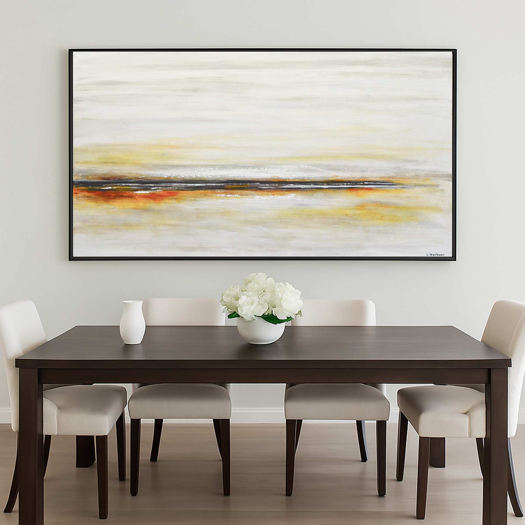 Wide Long Minimal Seascape Painting Beige Yellow Artwork