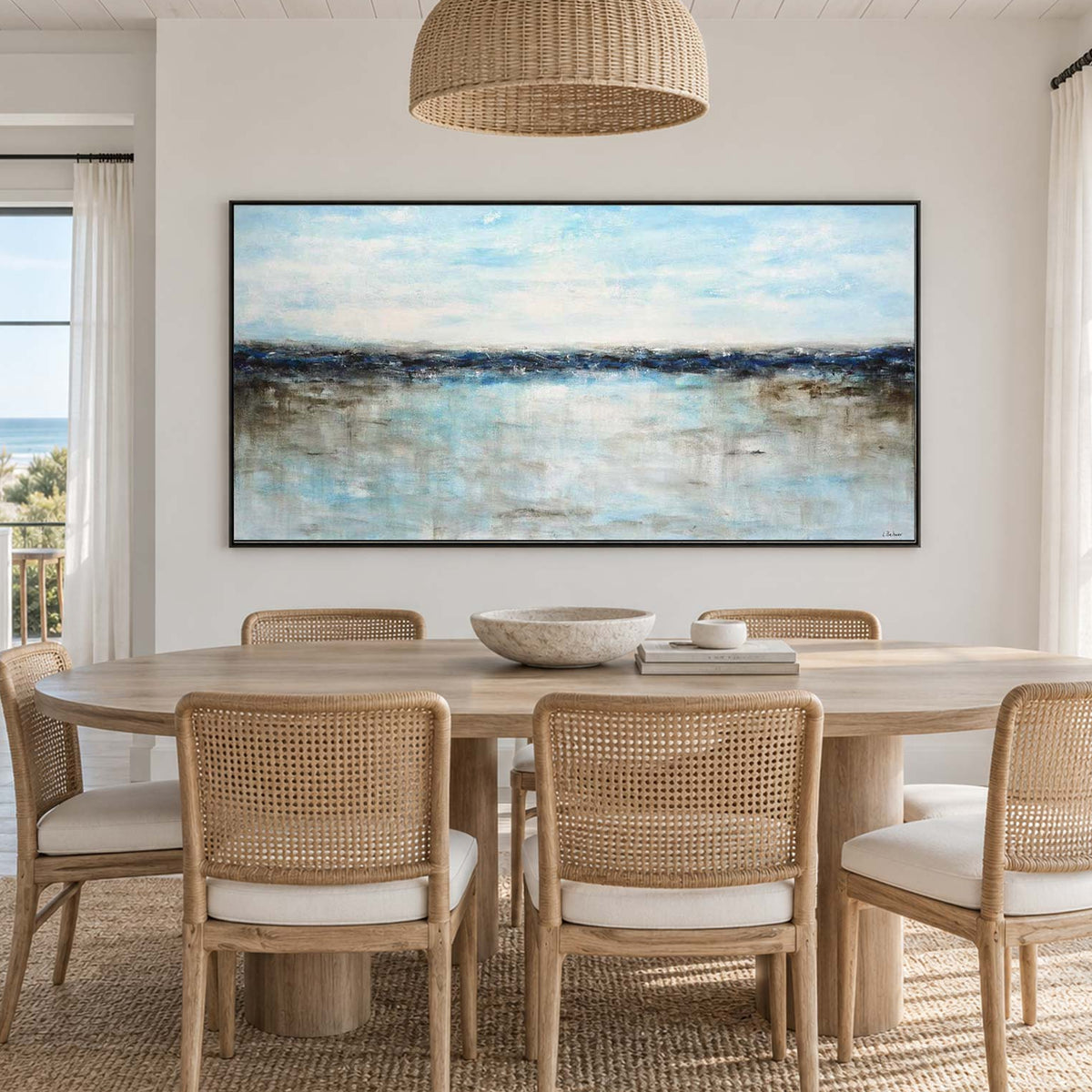 blue white seascape painting for dining room
