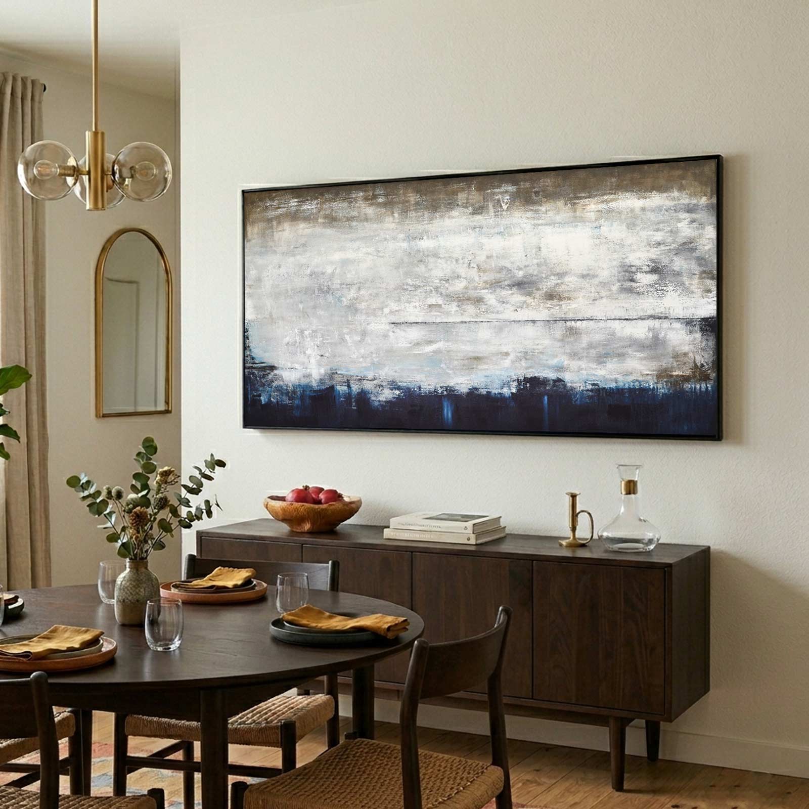 dining room brown blue painting