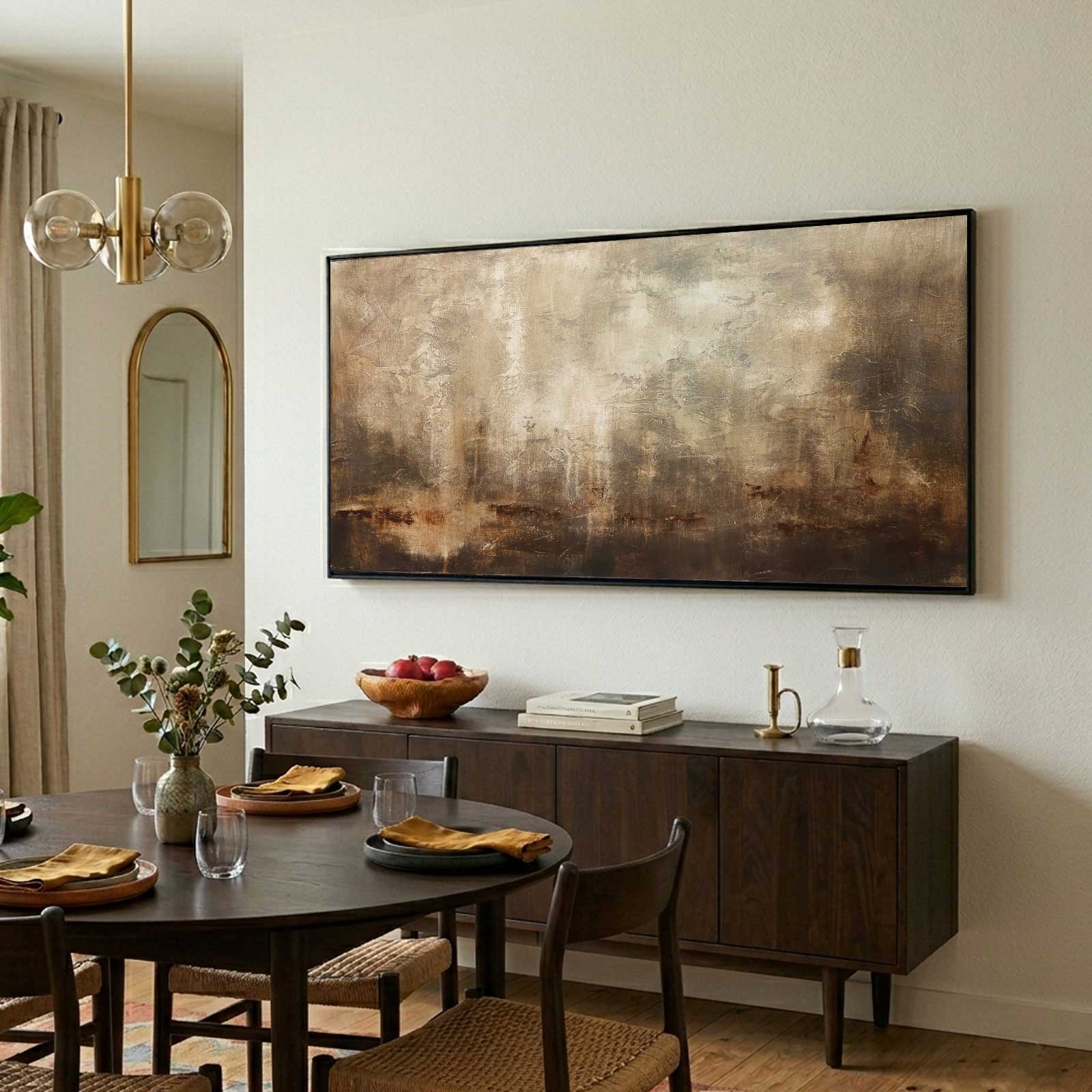 dining room Textured Brown Painting Long Art On Canvas Calming Wall Art
