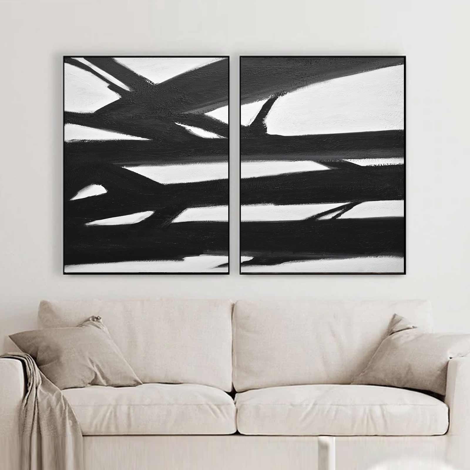 diptych Mid Century Modernist Black White Abstract 