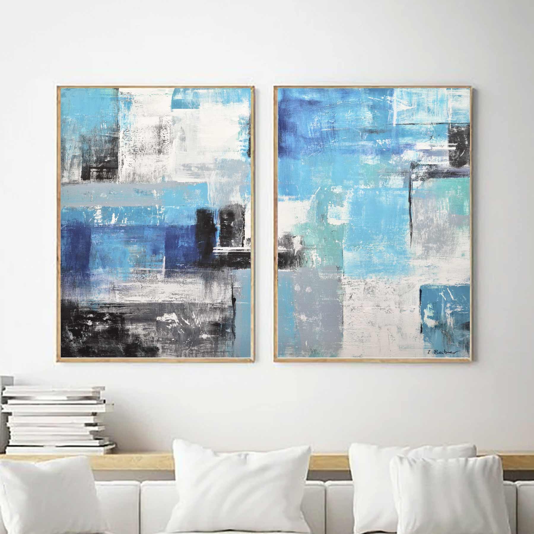 diptych art on wall living room blue white