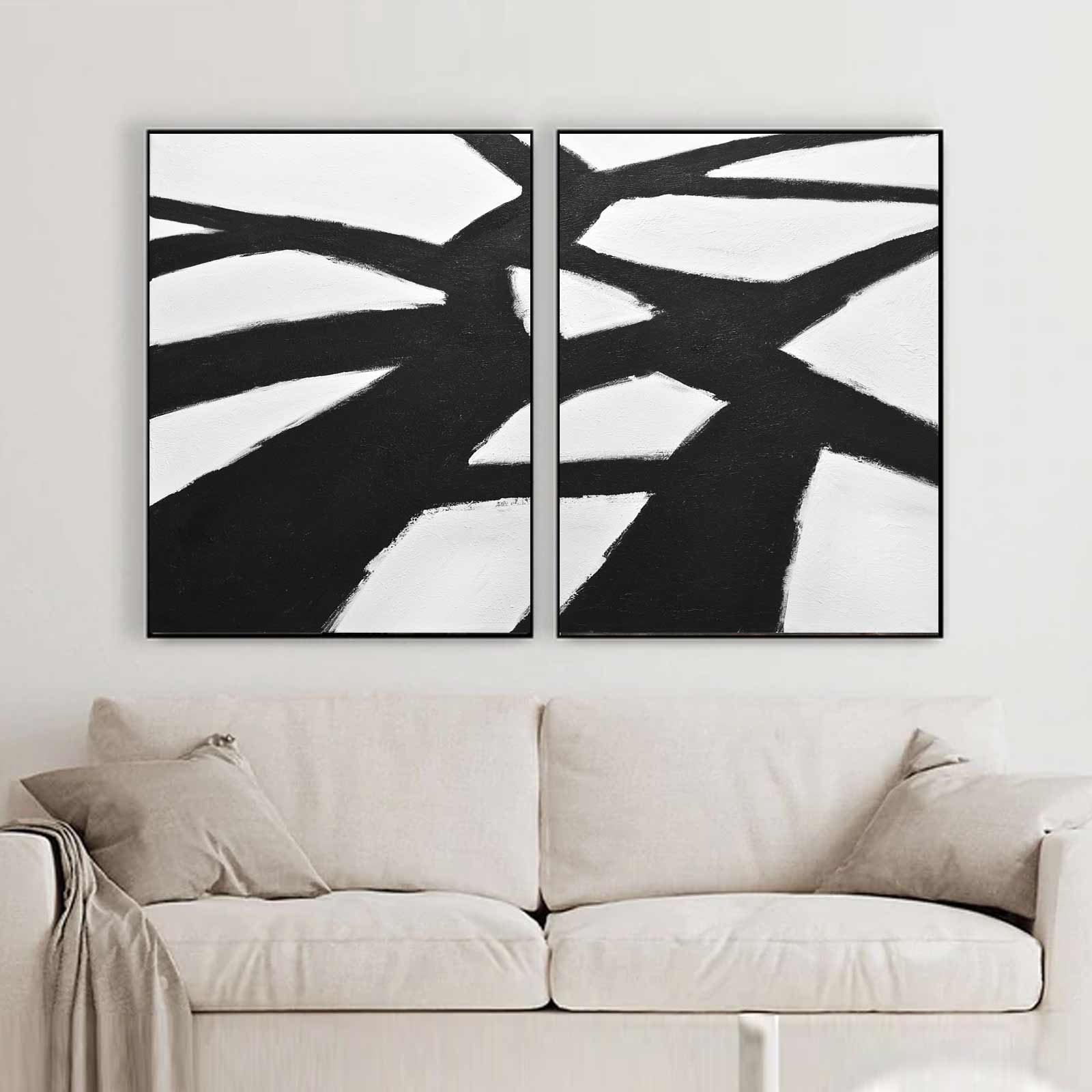 Geometric Diptych Black White Acrylic Painting Art