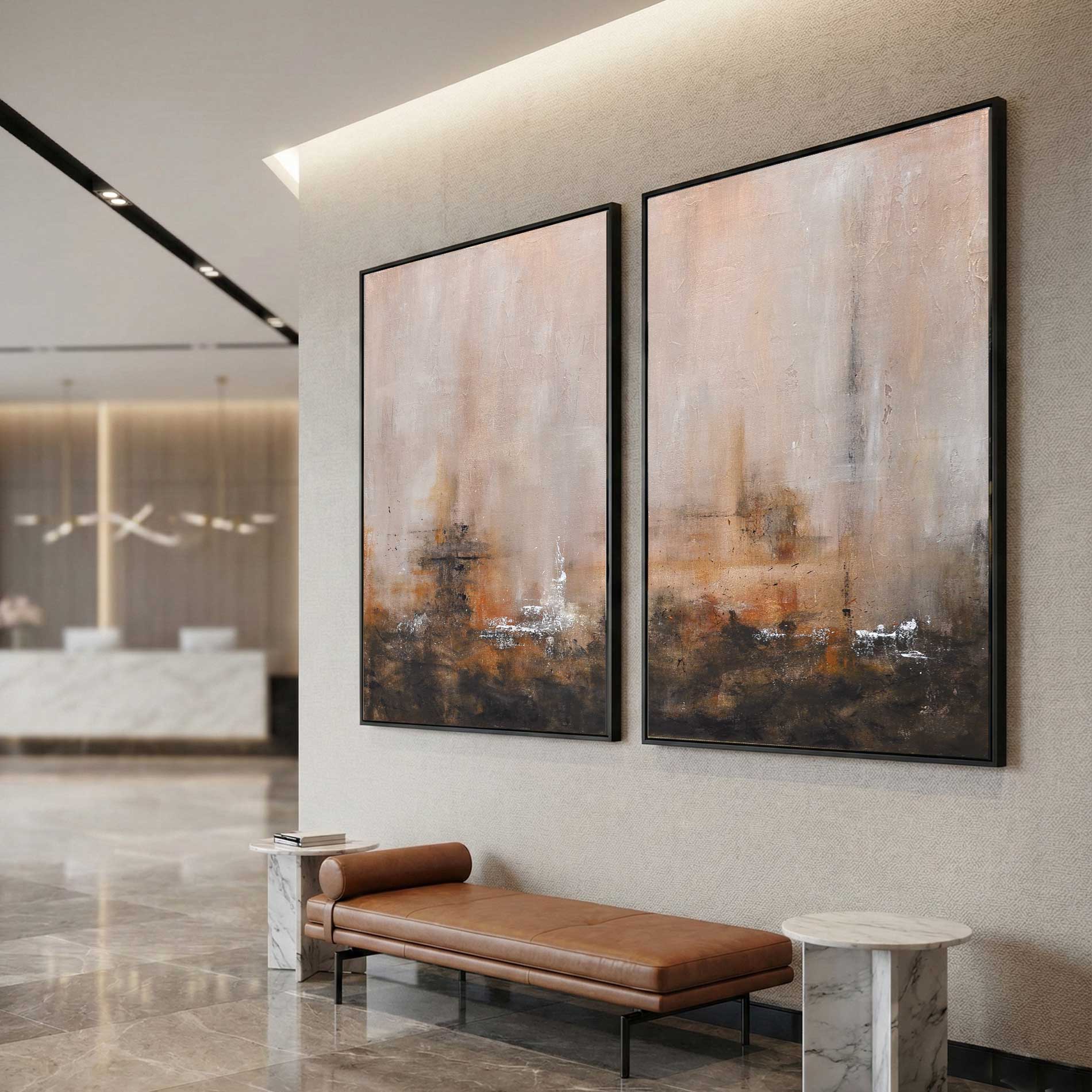 Two Piece Abstract Art Earth Tones Multi Panel Brown Siena Painting lobby