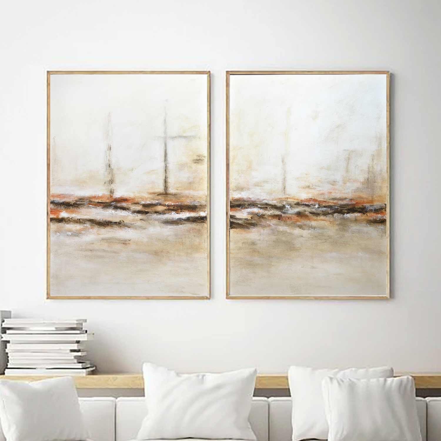 set of 2 light beige diptych paintings