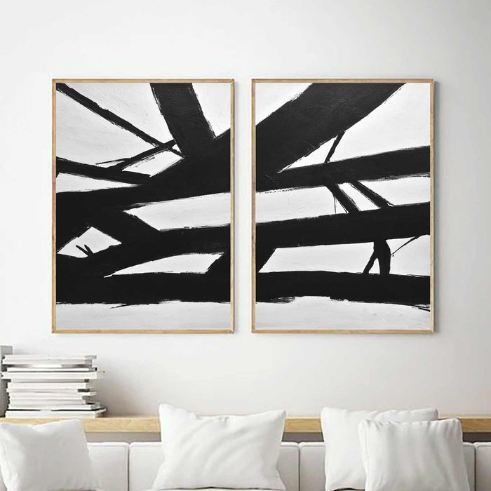 Set of 2 Black and White Abstract Expressionist Art Diptych Paintings