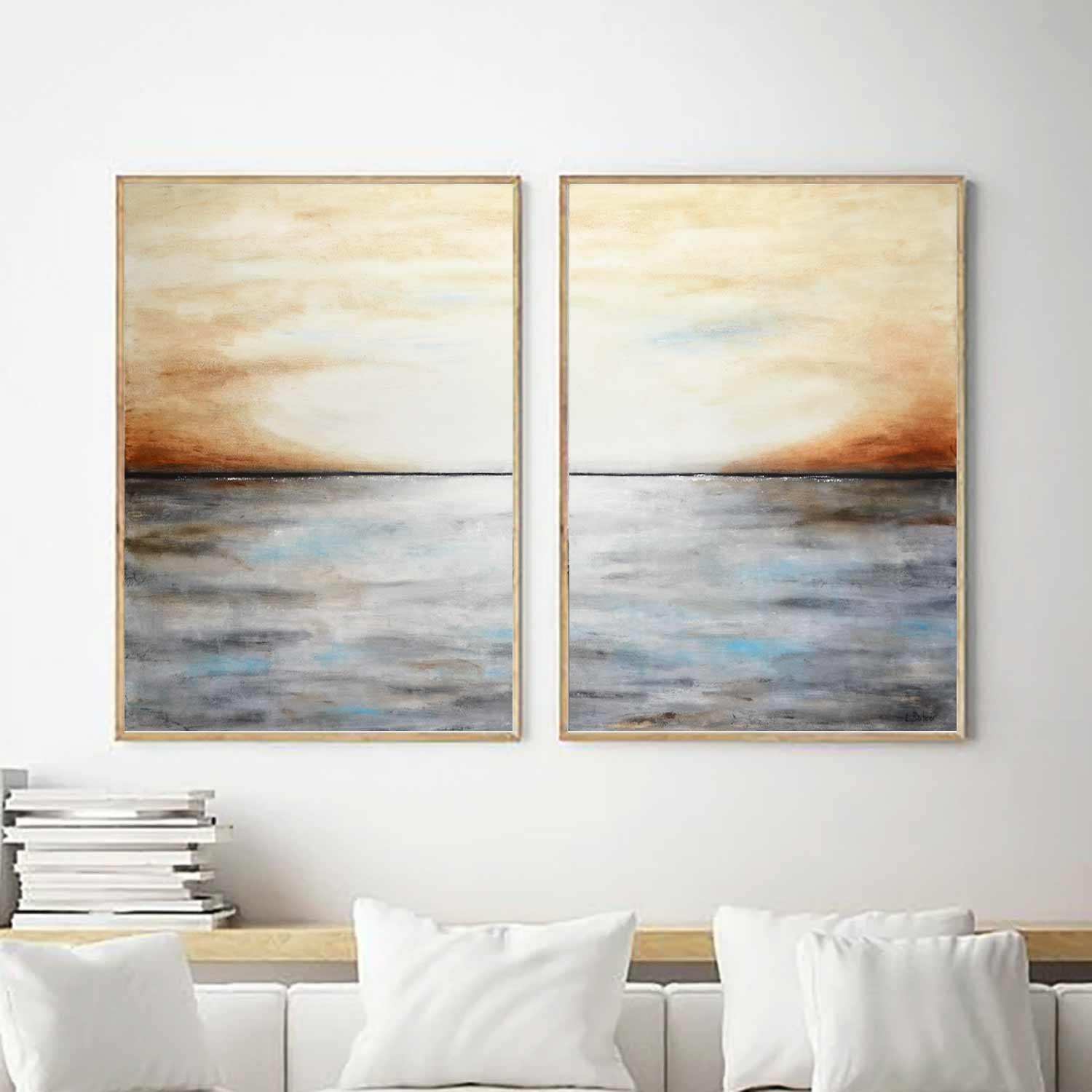 diptych Abstract Pair Of Paintings Dining Room Brown Gray