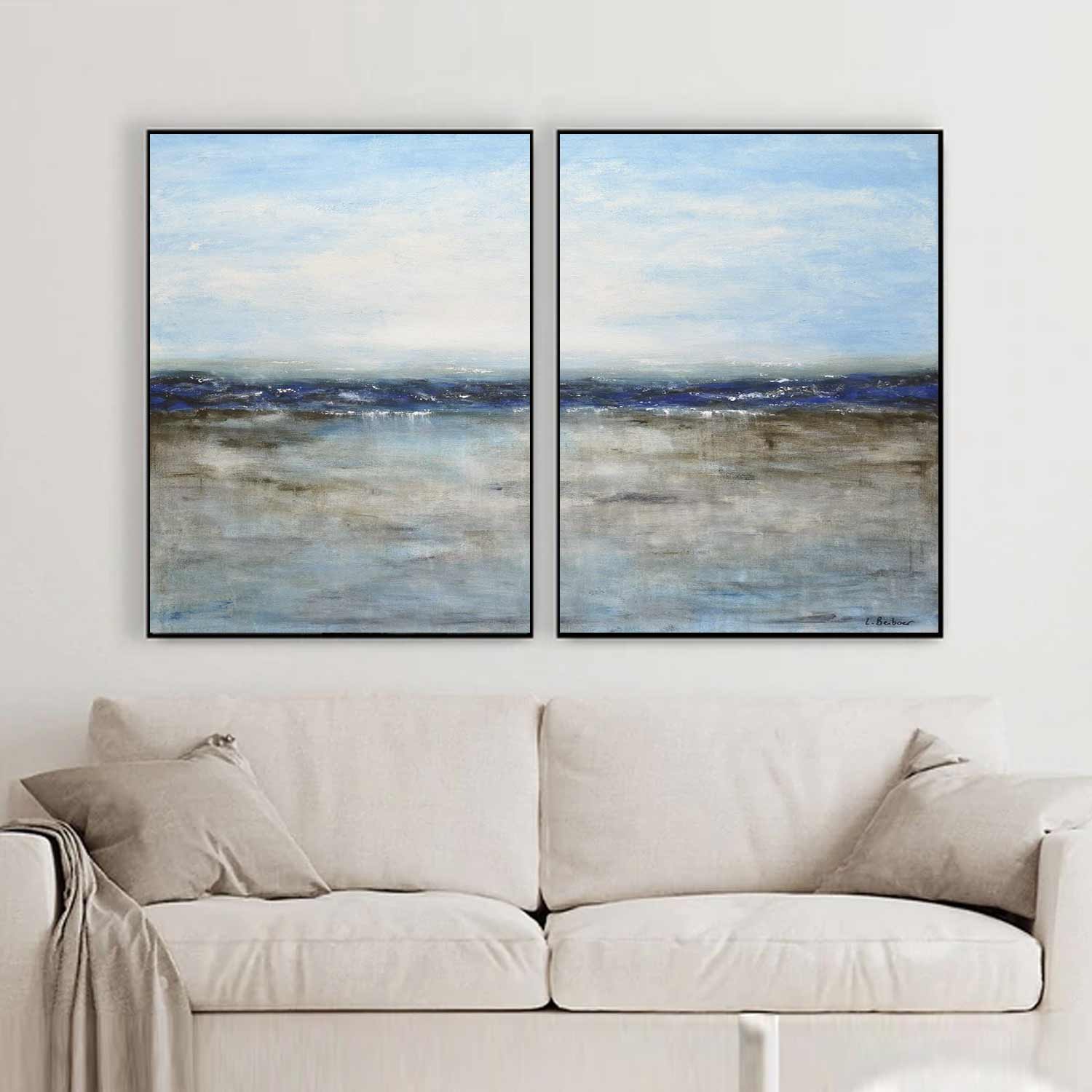 Blue Abstract Seascape On Canvas Coastal diptych