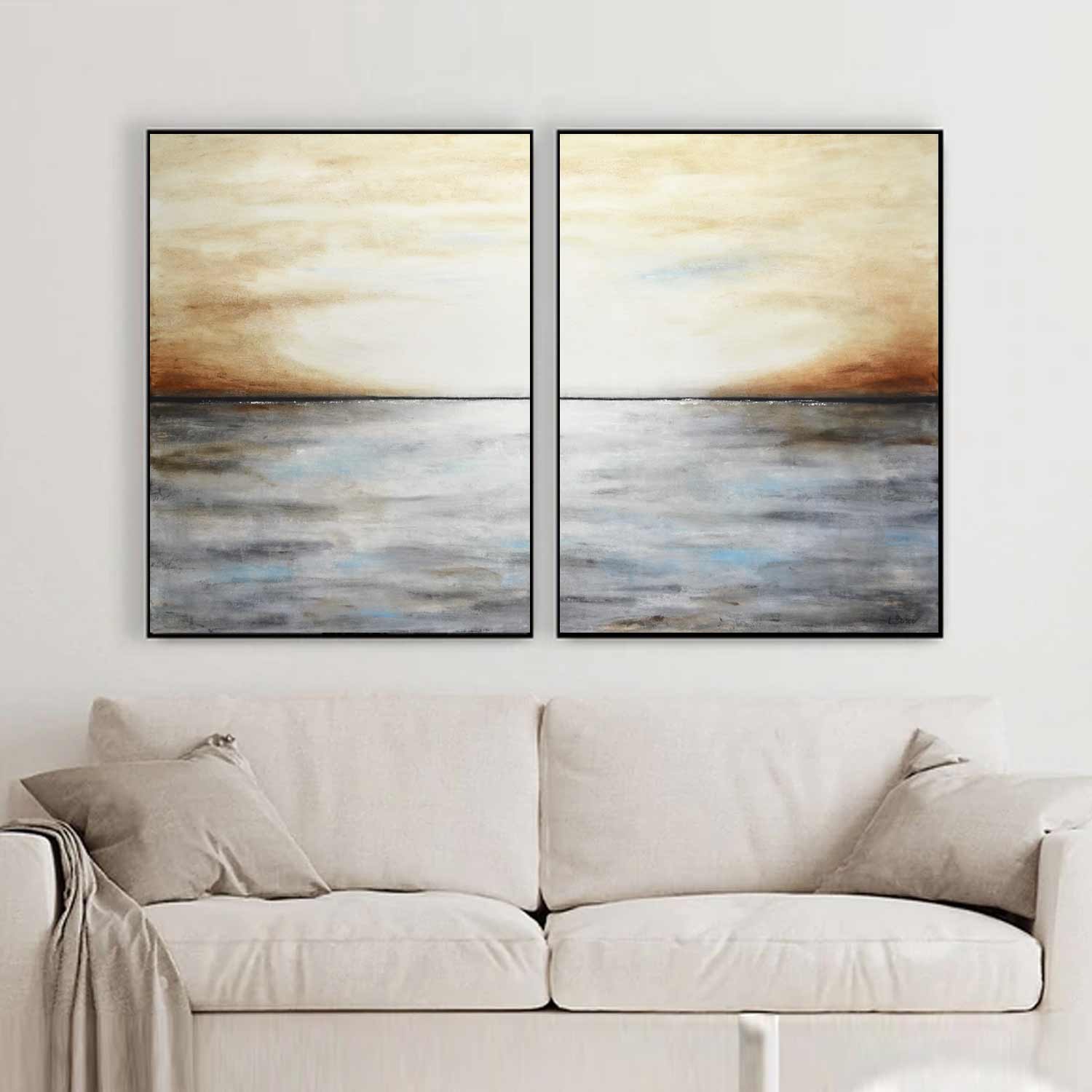 diptych paintings above sofa dining room