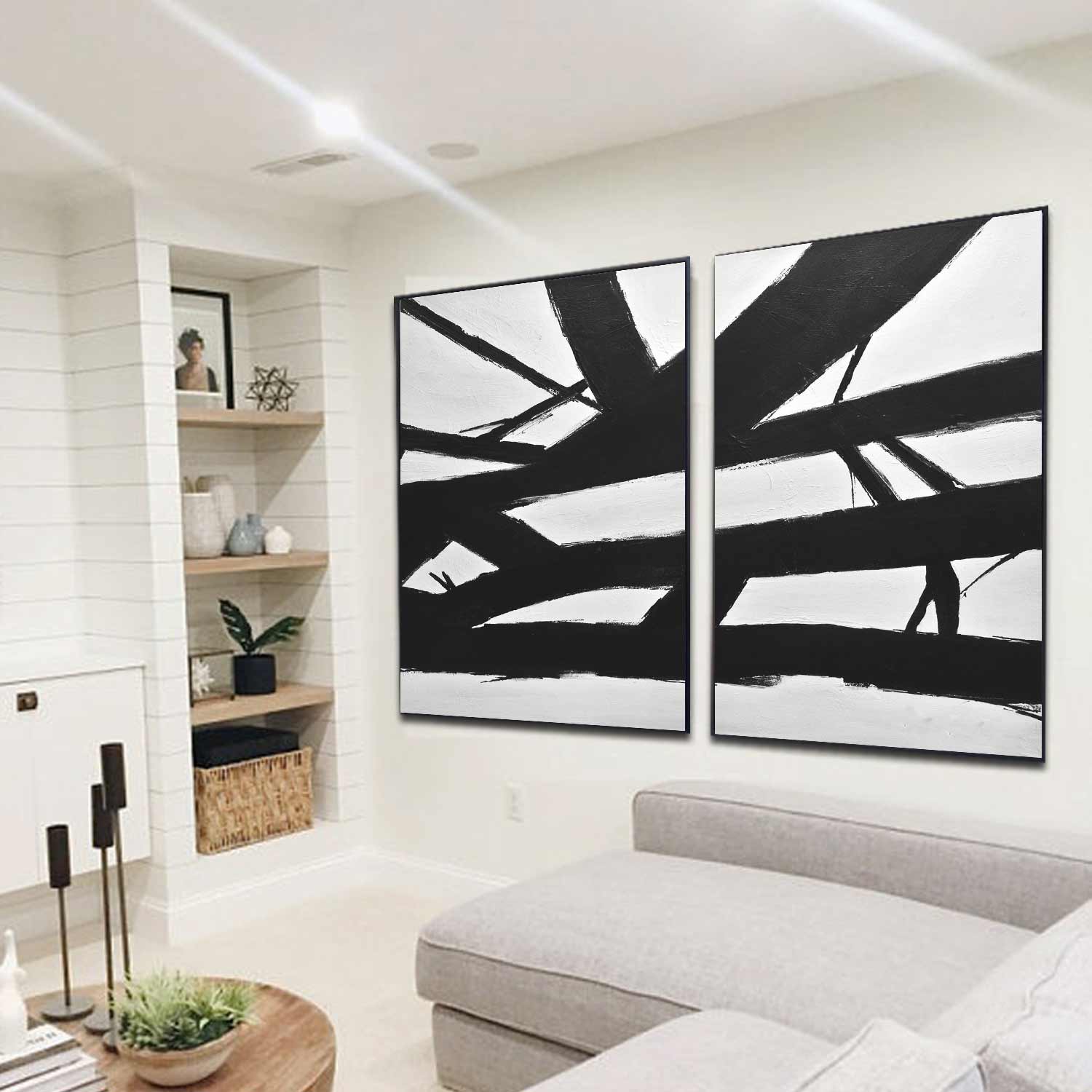 diptych set of 2 black white abstract