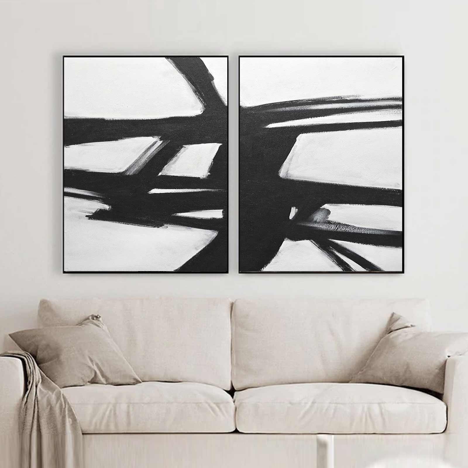 Art Over Couch diptych Black and White Abstracts Made in U.S.A.