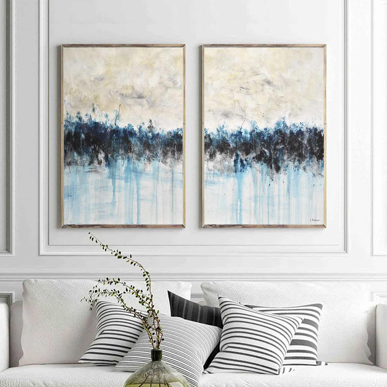 Office Wall Art diptych Abstract Paintings Blue Suede Drips