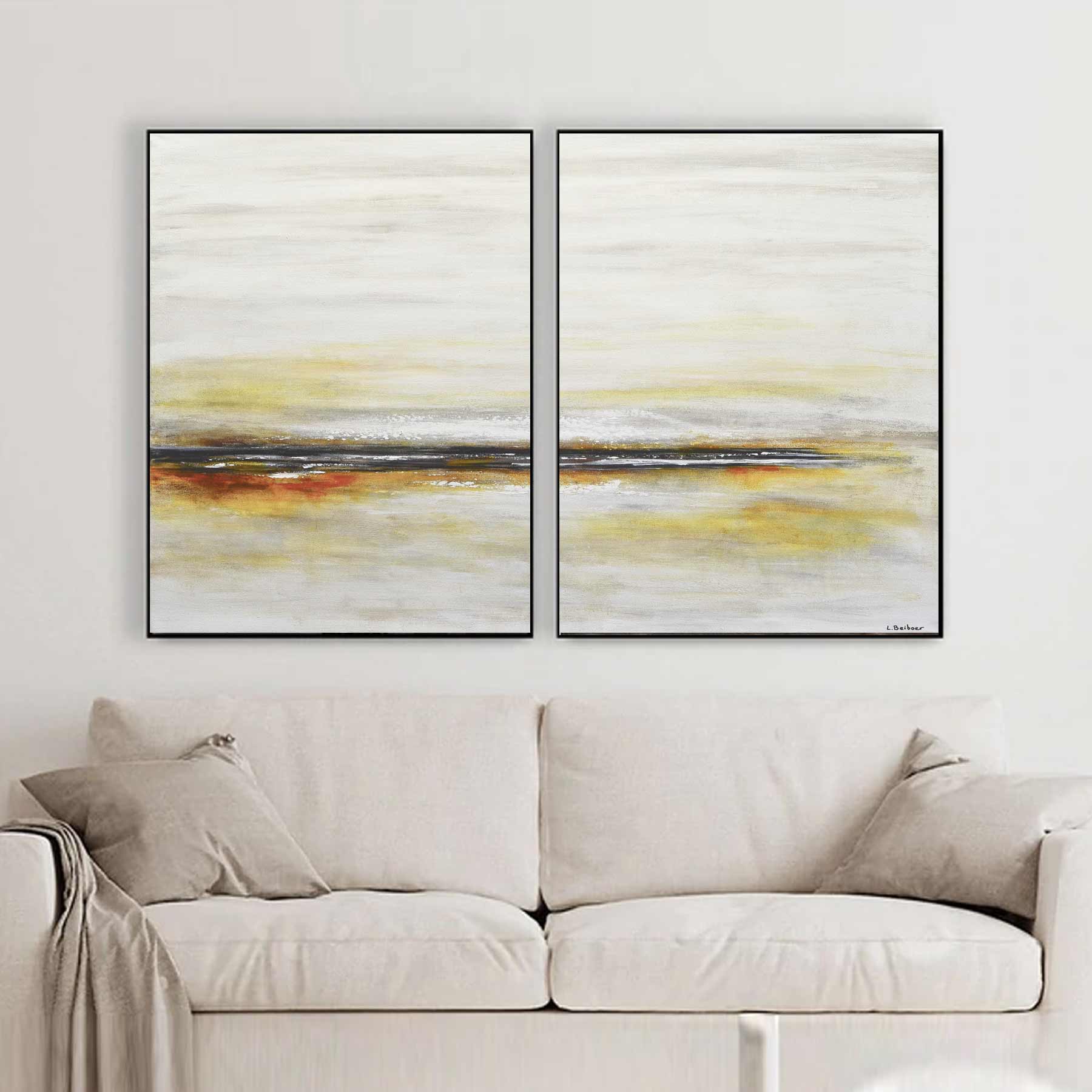 Sunset Painting Light Coastal Art Diptych Yellow Sand