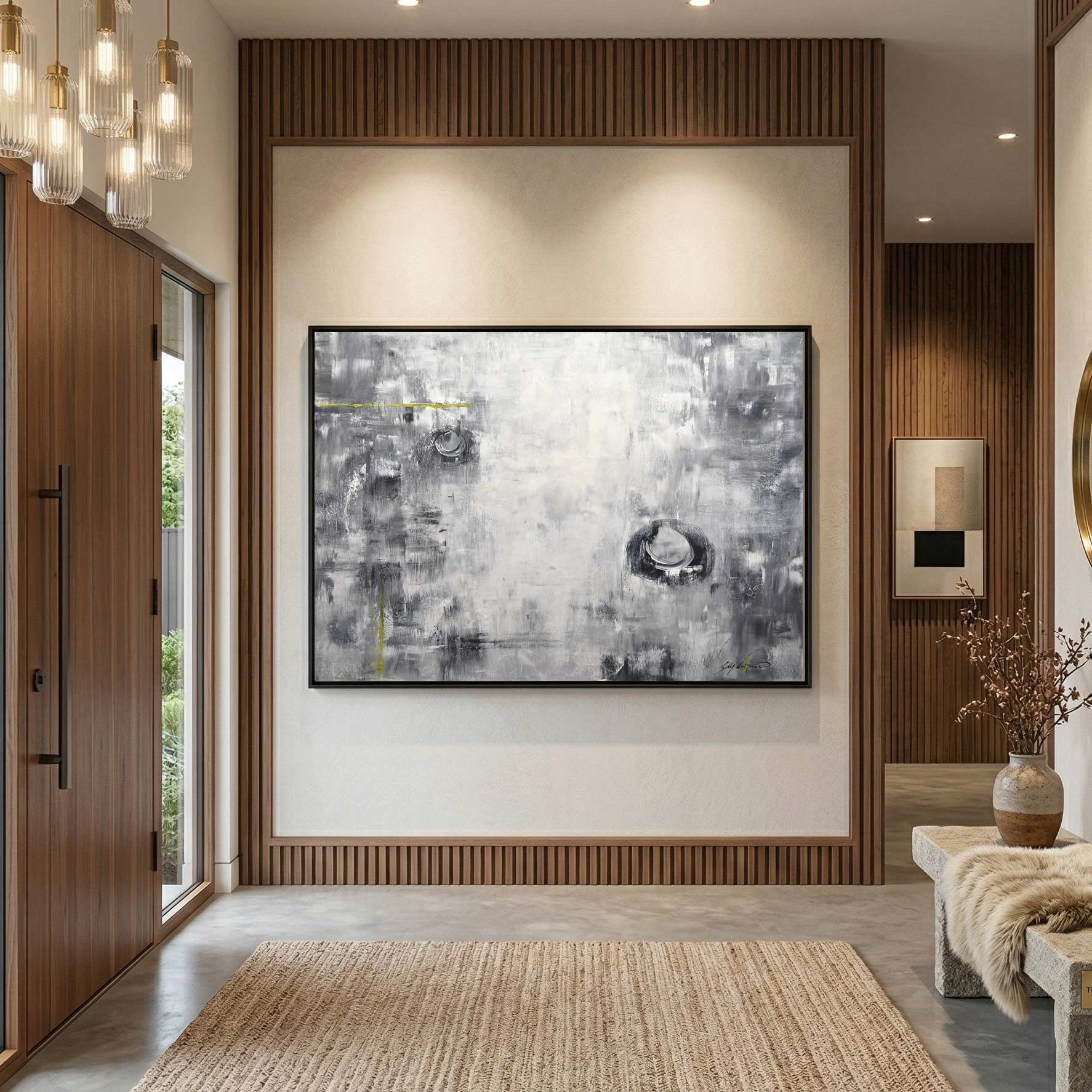 entryway painting Black White Abstract Art Circles Yellow Accent