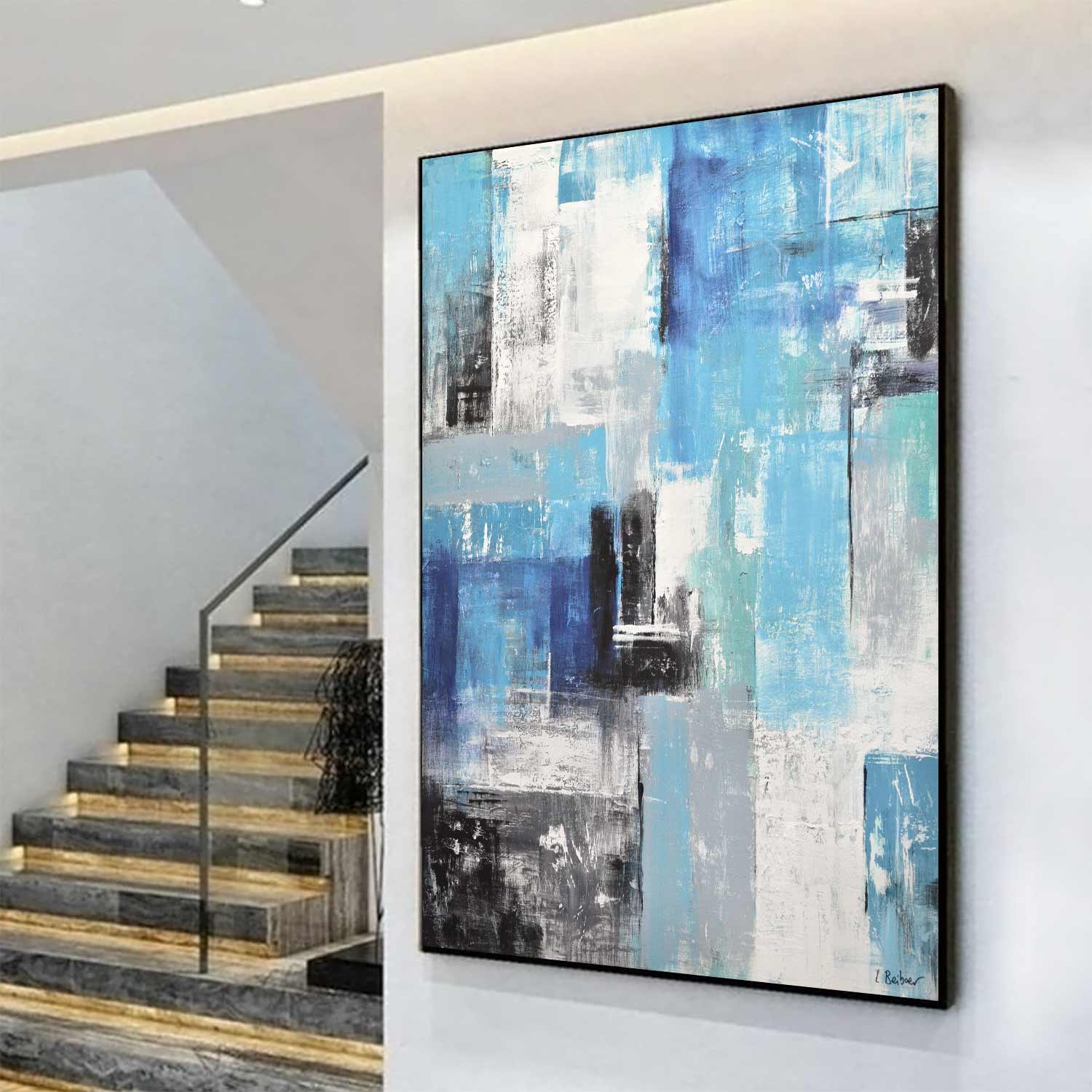 geometric painting blue blocks abstract decor