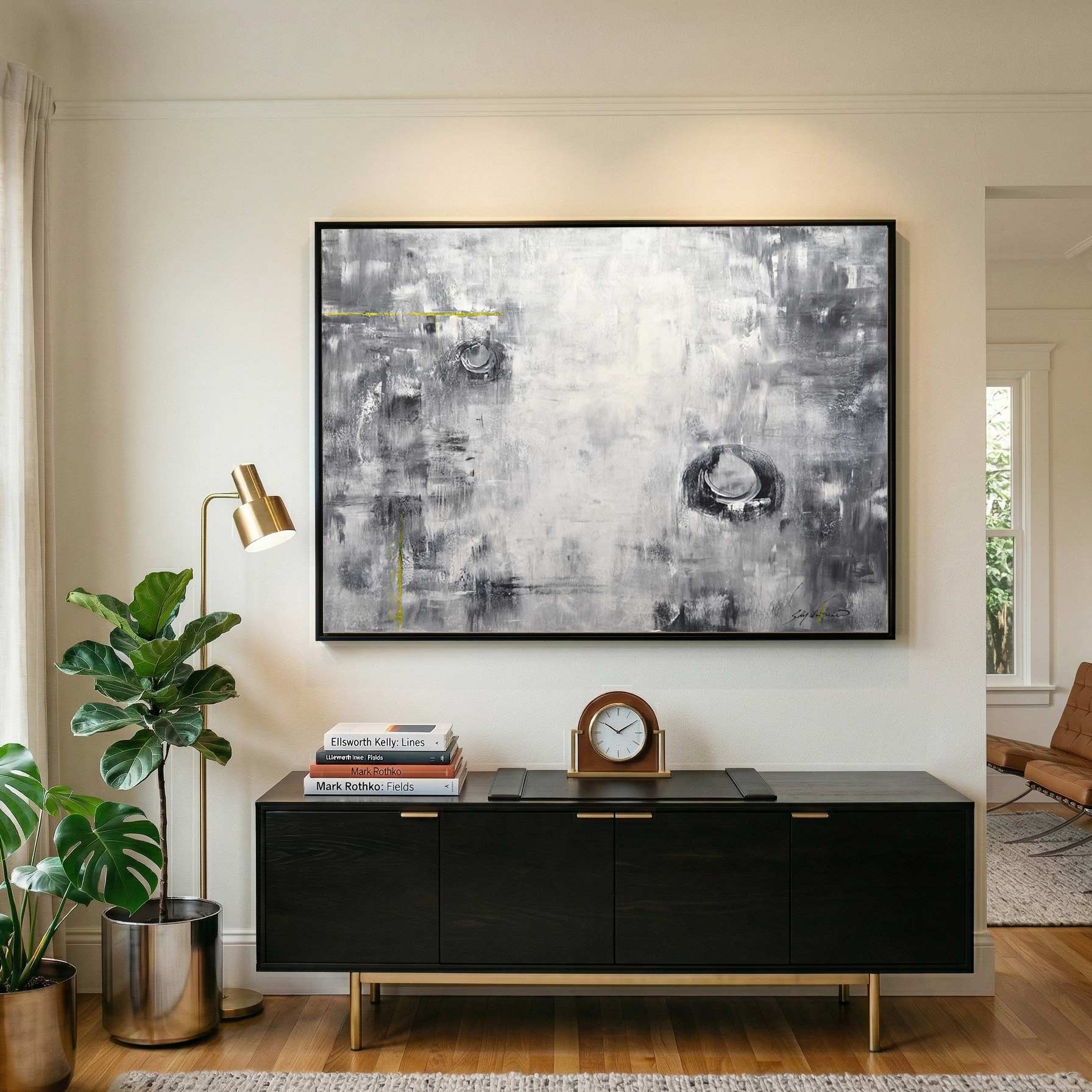 Black White Abstract Art Circles Yellow Accent home office