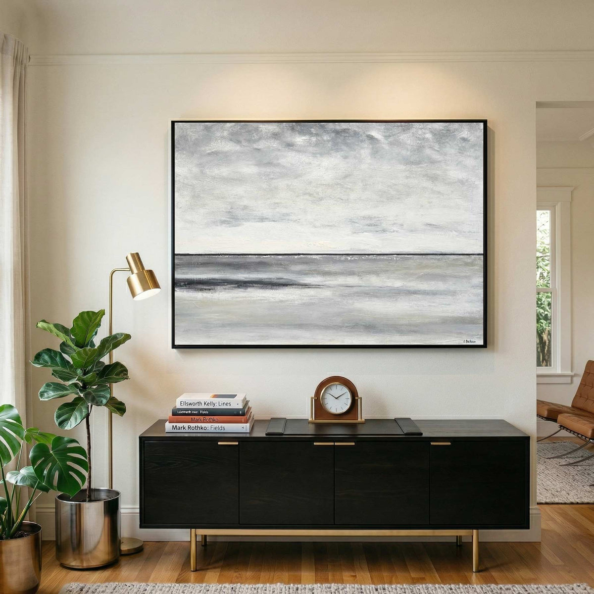 Gray Beige Abstract Landscape Horizon Line Clouds Landscape Art for home office