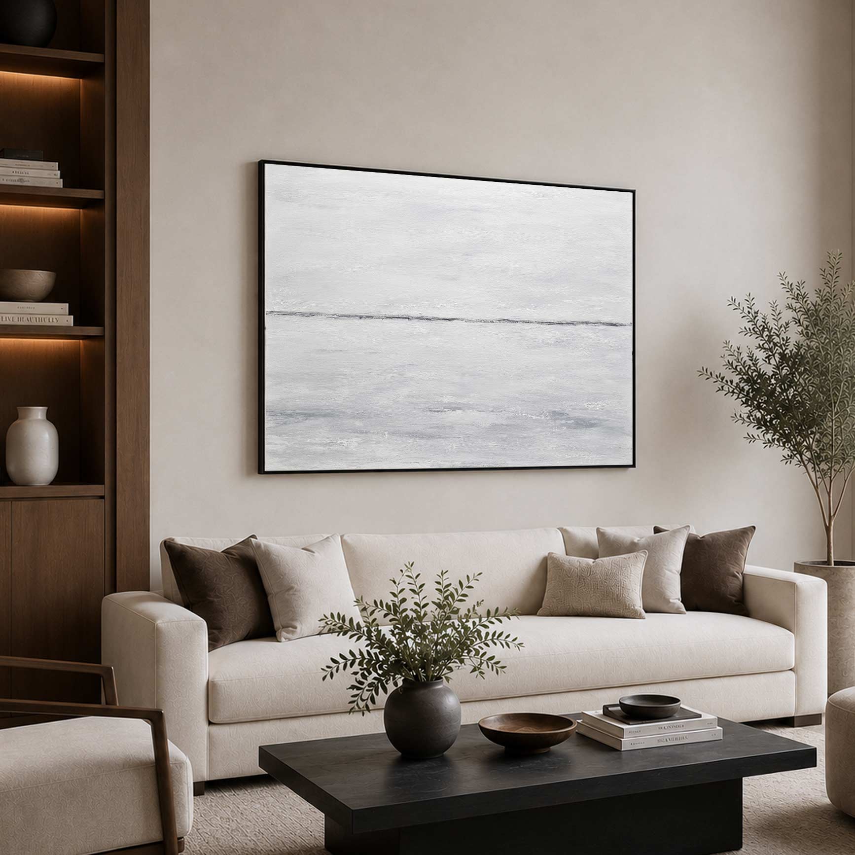living room art Hand Painted Original Clean Minimal Gray White Wall Art On Canvas 